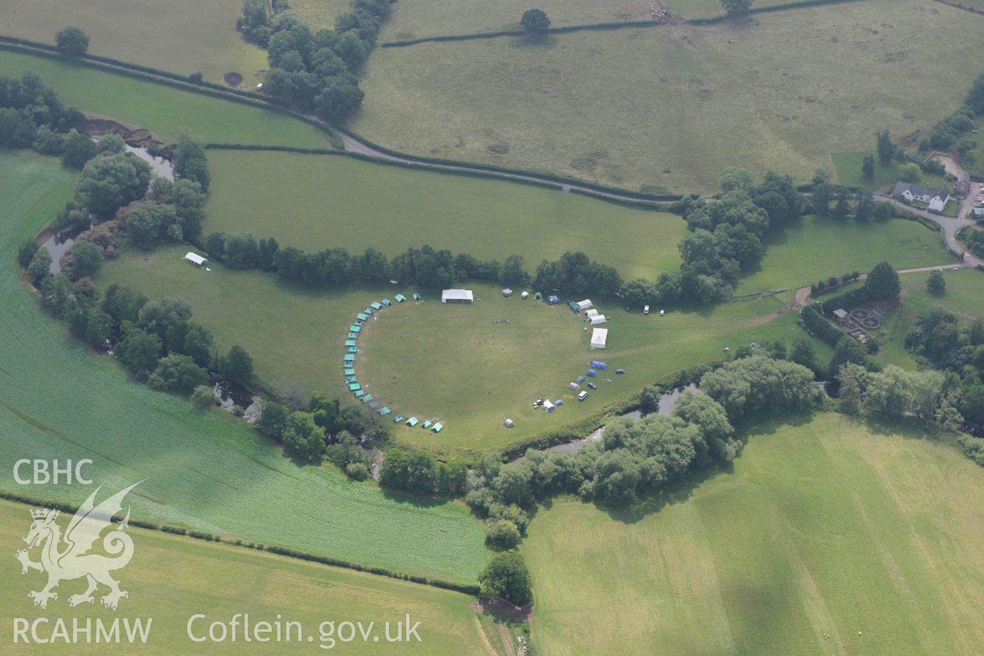 Scout camp near Lower Tresenny farm, Grosmont, on the Wales-England border north east of Abergavenny. Oblique aerial photograph taken during the Royal Commission?s programme of archaeological aerial reconnaissance by Toby Driver on 1st August 2013.