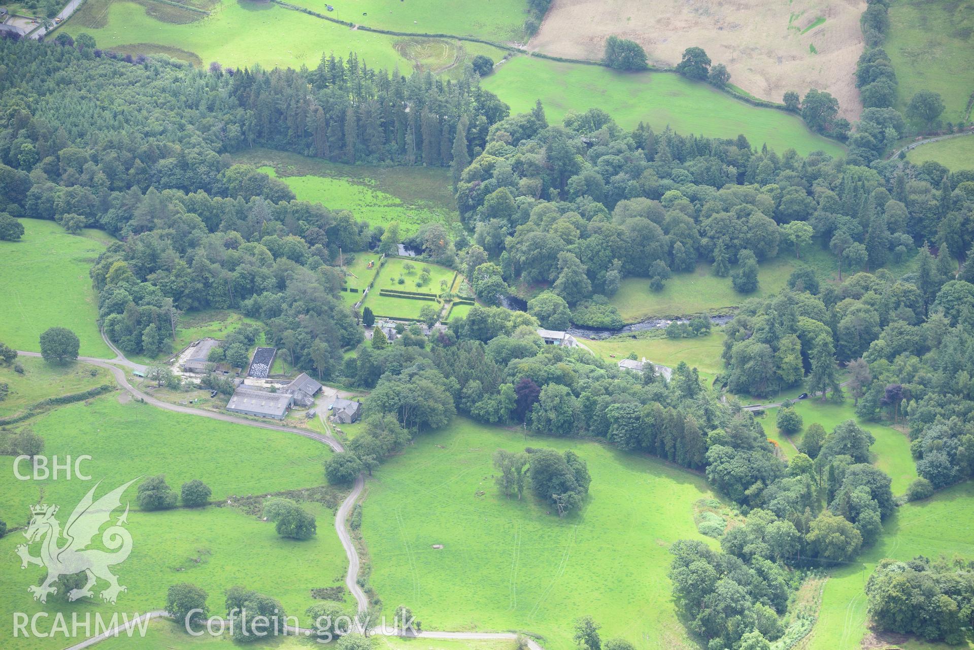 Voelas Hall and Garden, Pentrefoelas. Oblique aerial photograph taken during the Royal Commission's programme of archaeological aerial reconnaissance by Toby Driver on 30th July 2015.
