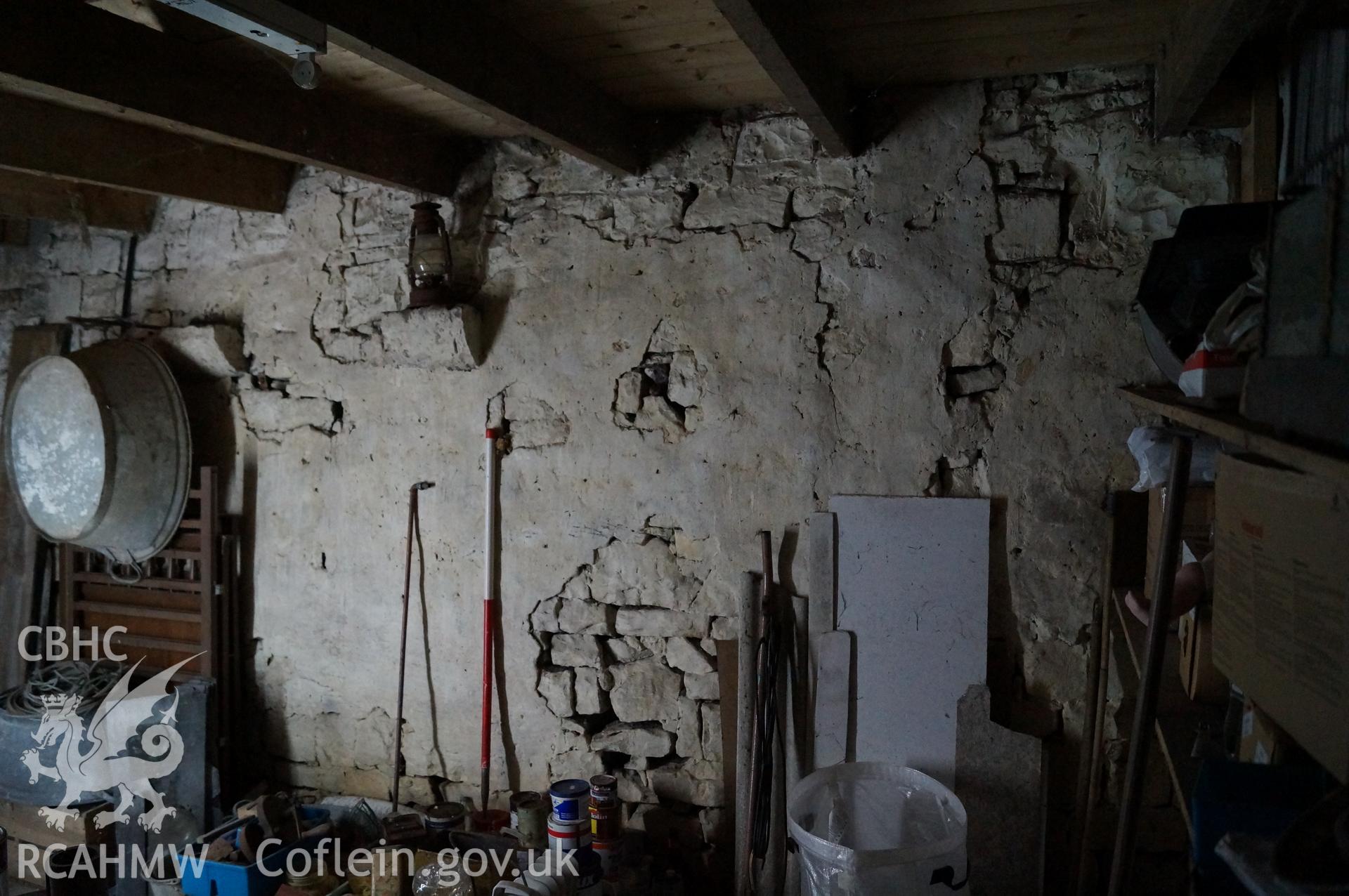 'Internal view looking northwest at the eastern end of northern wall of barn' at Rowley Court, Llantwit Major. Photograph & description by Jenny Hall & Paul Sambrook of Trysor, 25th May 2017.