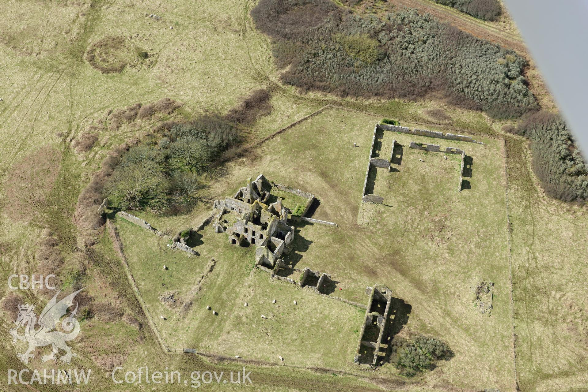 Pricaston Farmhouse. Baseline aerial reconnaissance survey for the CHERISH Project. ? Crown: CHERISH PROJECT 2018. Produced with EU funds through the Ireland Wales Co-operation Programme 2014-2020. All material made freely available through the Open Government Licence.