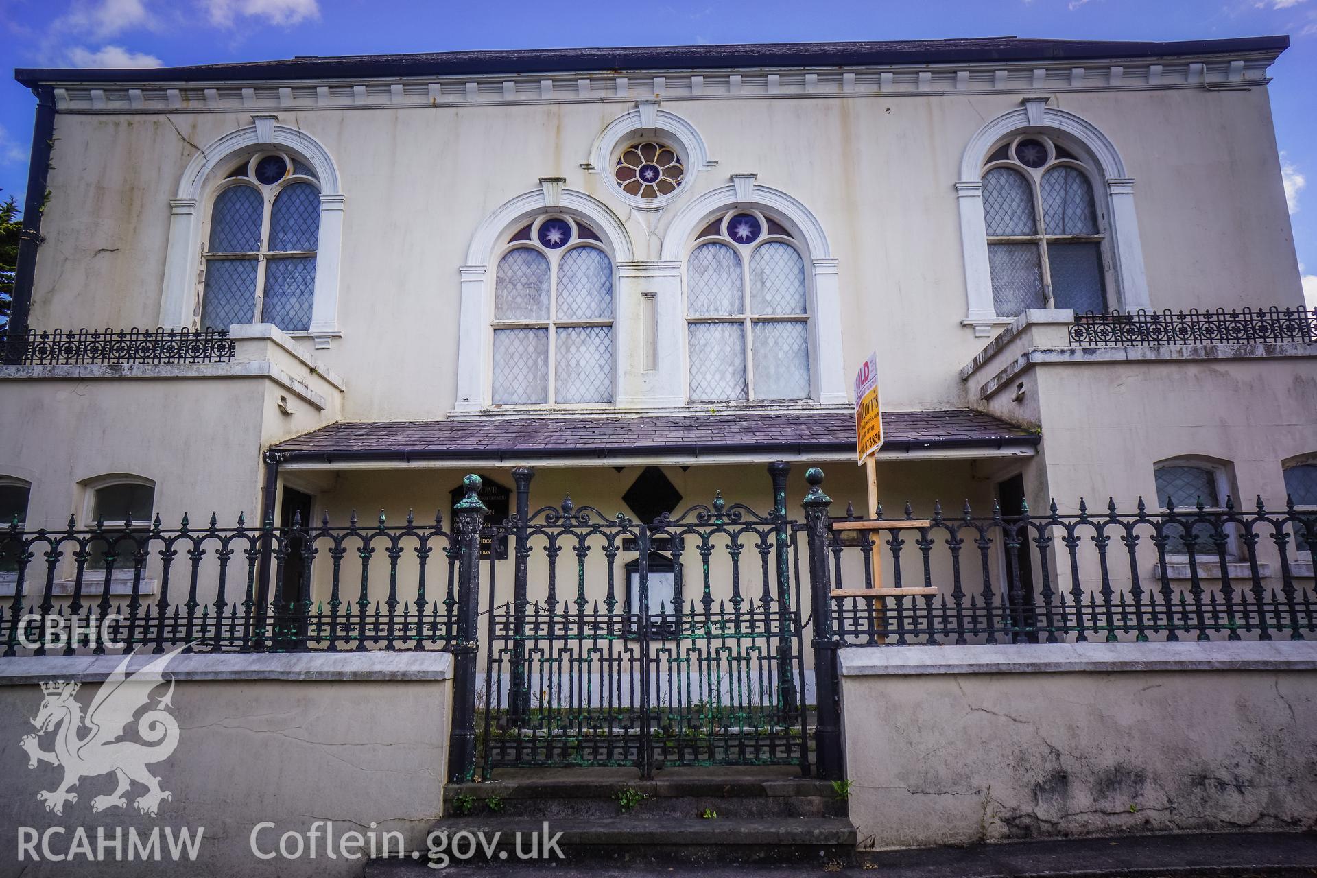 Digital colour photograph showing exterior view of the front elevation of Pentower Chapel, Fishguard, dated 2019. Photographed by Grace Elliott to meet a condition attached to a planning application.