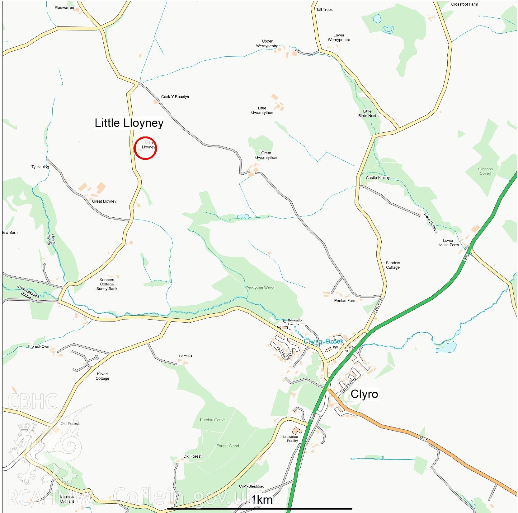 Copy of modern map showing location of Little Lloyney relating to CPAT Project 2355: Little Lloyney Farm, Clyro, Powys, 2019. Prepared by Will Logan of Clwyd Powys Archaeological Trust. Project no. 2355. HER event PRN: 140287.