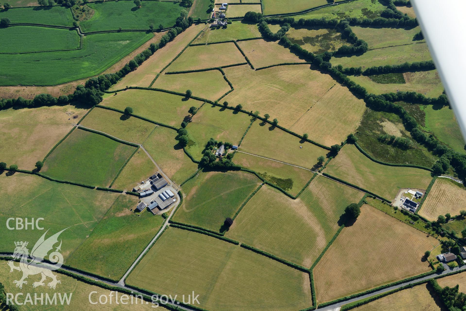 Royal Commission aerial photography of Glynrhiced-fach possible enclosure, taken on 19th July 2018 during the 2018 drought.