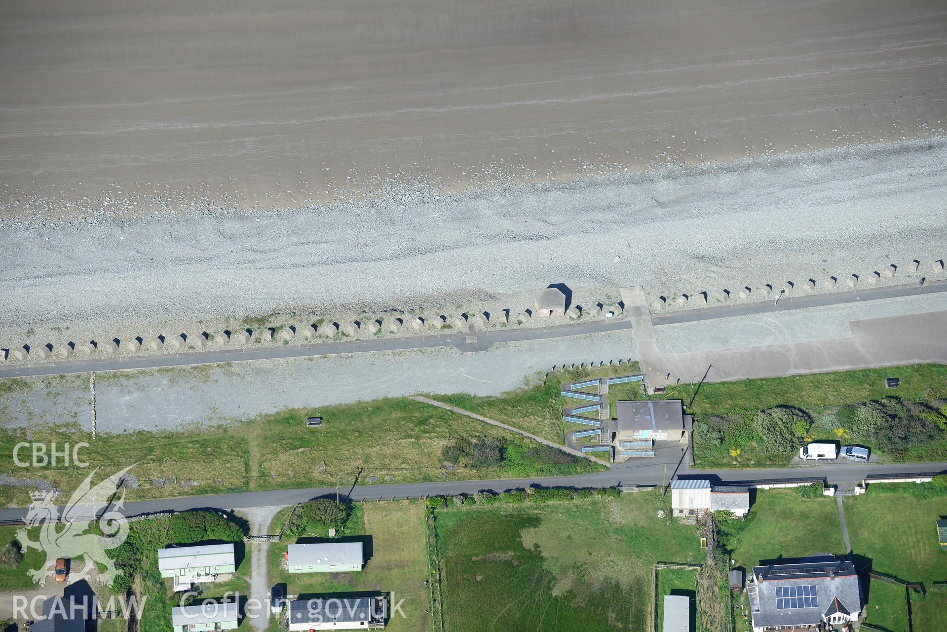 Aerial photography of Fairbourne anti-invasion defences taken on 3rd May 2017.  Baseline aerial reconnaissance survey for the CHERISH Project. ? Crown: CHERISH PROJECT 2017. Produced with EU funds through the Ireland Wales Co-operation Programme 2014-2020. All material made freely available through the Open Government Licence.