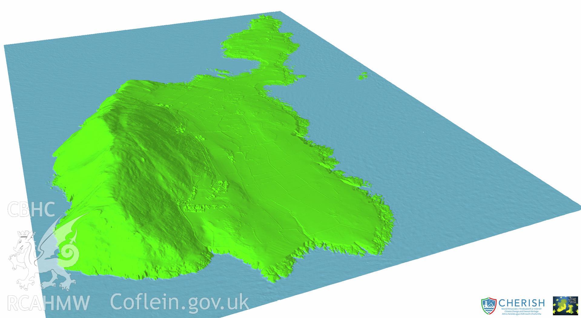 Ynys Enlli (Bardsey Island). Airborne laser scanning (LiDAR) commissioned by the CHERISH Project 2017-2021, flown by Bluesky International LTD at low tide on 24th February 2017. View showing Bardsey Island from the south-west.