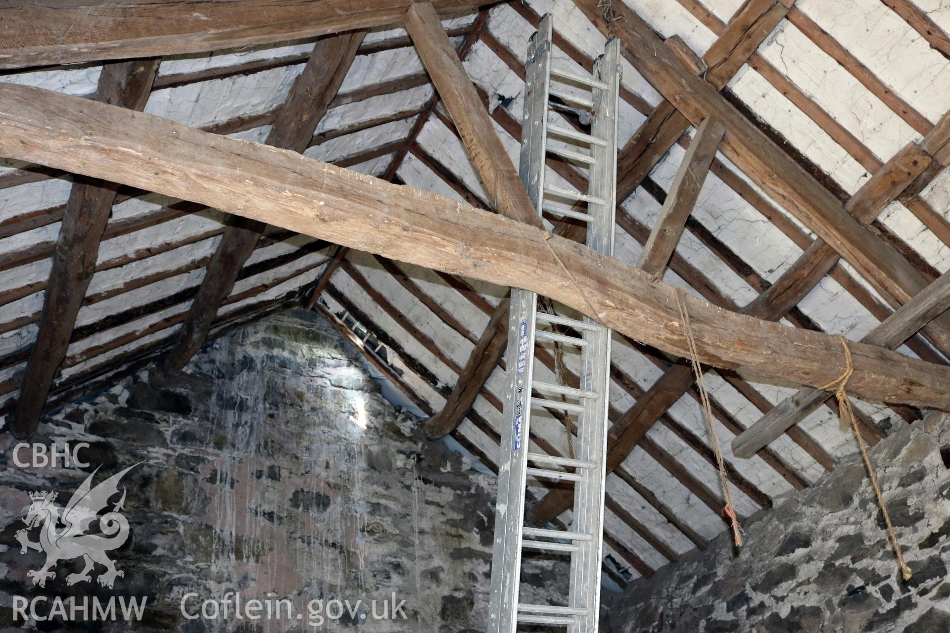 Photograph showing interior view of barn and cottage ground floor at Maes yr Hendre, taken by Dr Marian Gwyn, 6th July 2016. (Original Reference no. 0111)