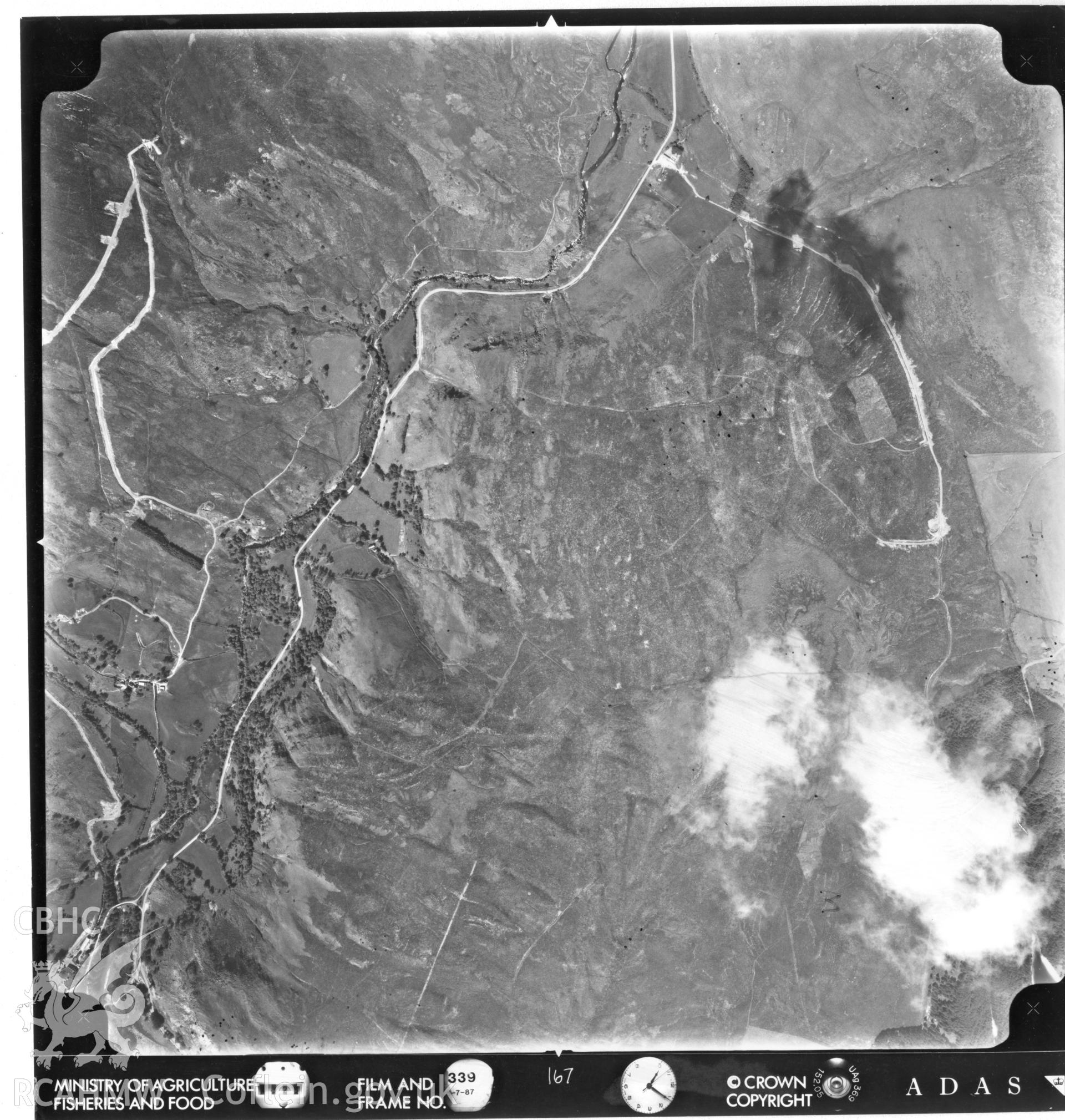 Aerial photograph of the Elan Valley, dated 1987. Included in material relating to Archaeological Desk Based Assessment of Afon Claerwen, Elan Valley, Rhayader, Powys. Assessment conducted by Archaeology Wales in 2017-18. Report no. 1633. Project no. 2573.