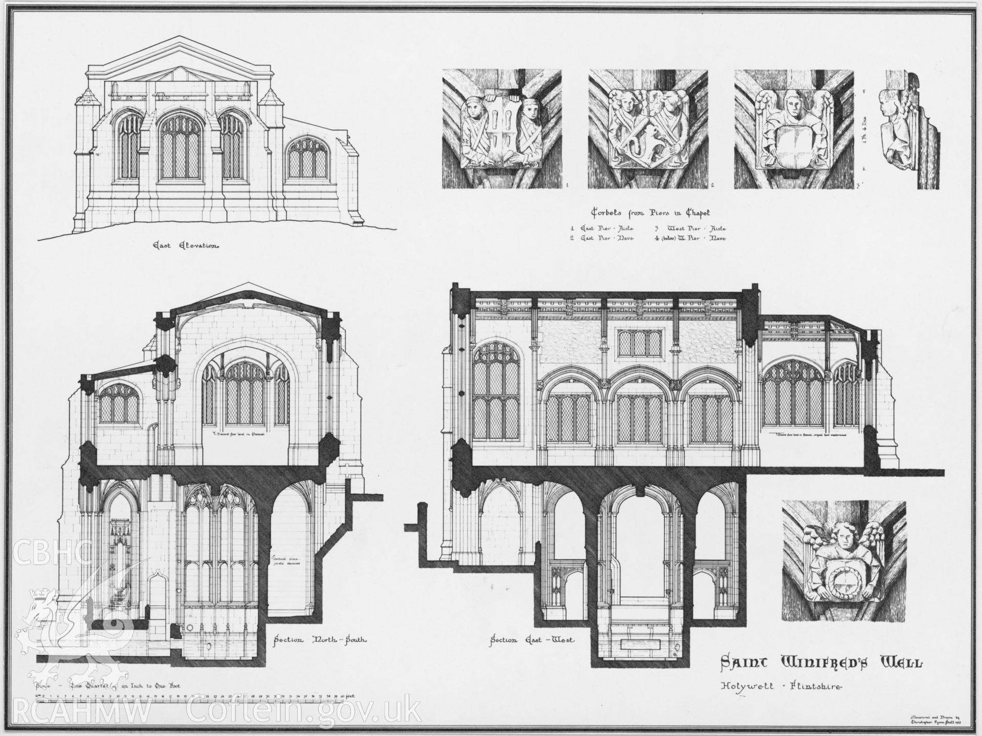 Digital copy of an elevation and section drawing of St Winifrede's Well.