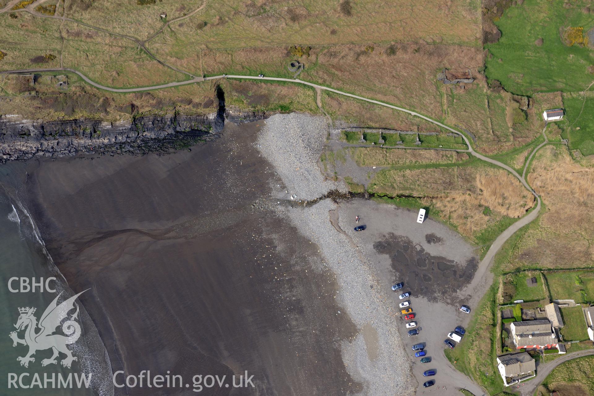 Royal Commission aerial photograph of Abereiddi quarryman's cottages taken on 27th March 2017. Baseline aerial reconnaissance survey for the CHERISH Project. ? Crown: CHERISH PROJECT 2017. Produced with EU funds through the Ireland Wales Co-operation Programme 2014-2020. All material made freely available through the Open Government Licence.