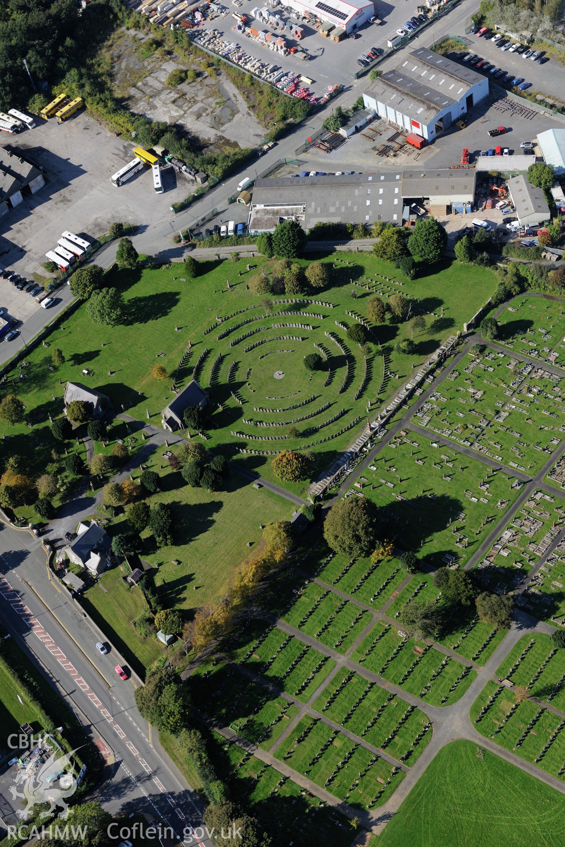 Llanion Nonconformist cemetery and cemetery chapel, London Road, Llanion, Pembroke Dock. Oblique aerial photograph taken during the Royal Commission's programme of archaeological aerial reconnaissance by Toby Driver on 30th September 2015.