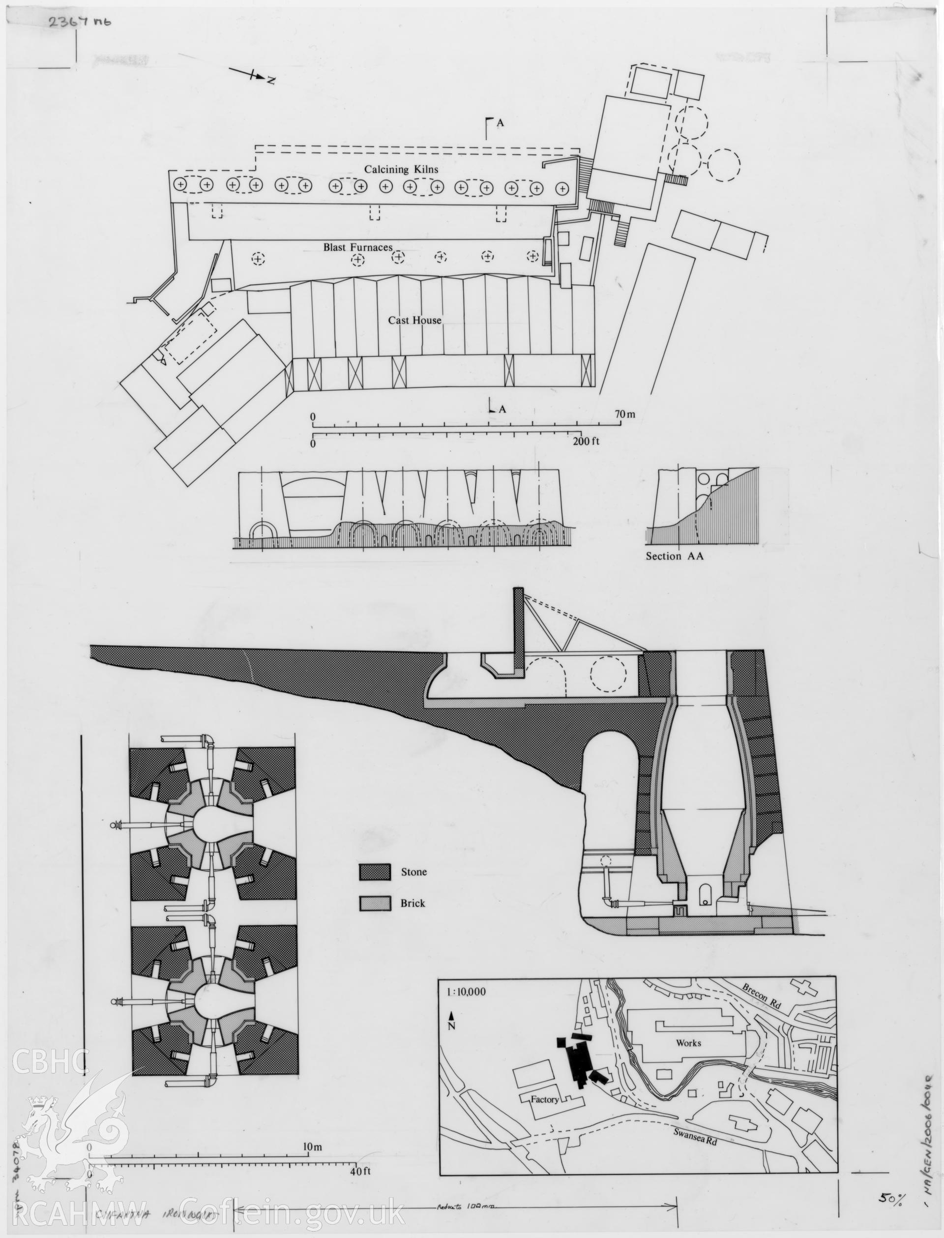 Digital copy of measured plans and section views of Cyfarthfa Works, produced by Geoff Ward in 1992 for Council for British Archaeology and published in the CBA Research Report 79, fig 36
