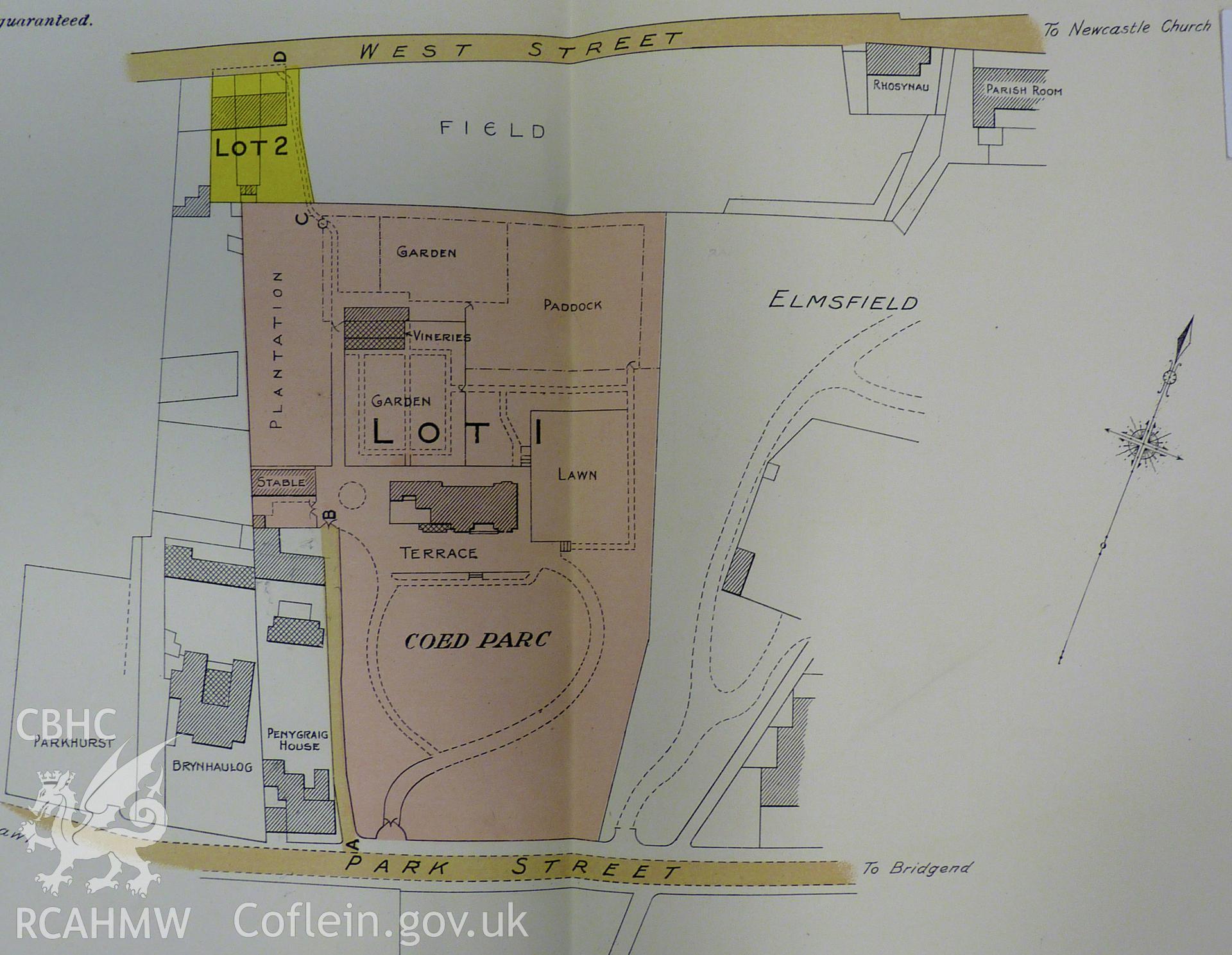 Sale Plan of Coed Park from 1909. Associated with archaeological work carried out at Coed Parc, Newcastle, Bridgend, by Archaeology Wales, 2016.