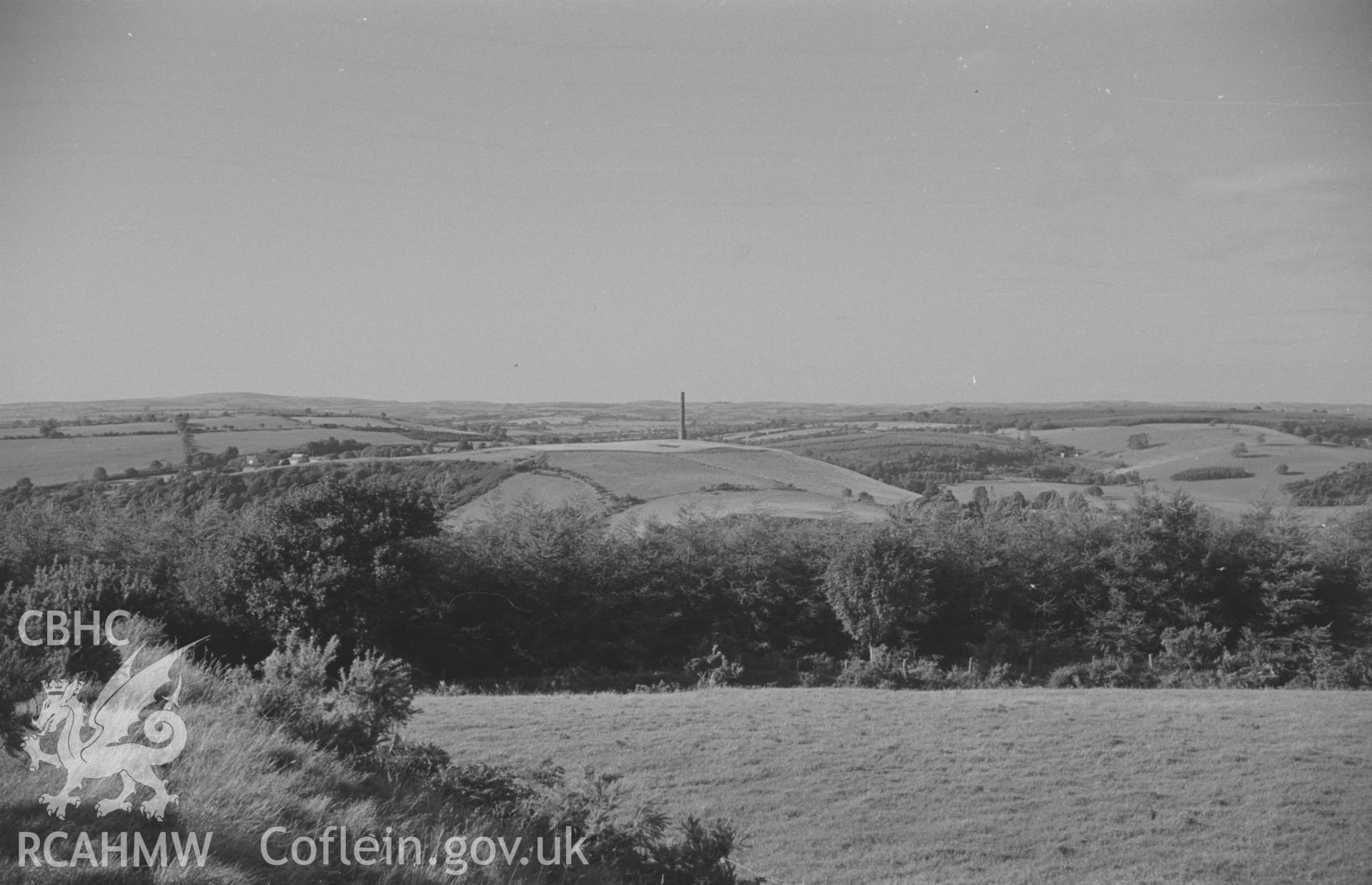 Digital copy of black & white negative from east ramparts of Castell Allt-Goch, showing Derry Ormond monument, Dulas Valley, Castell Goetre, Clywedog Valley, Ffrwd Cynon Valley and Cellan. Photographs by Arthur Chater on 4/9/1966. Panorama, 1 of 7 photos.