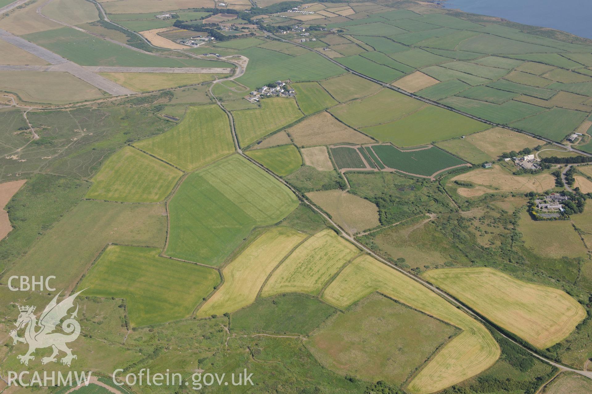 St Davids Airfield and Trepewet possible Roman Fort, Solva. Oblique aerial photograph taken during the Royal Commission?s programme of archaeological aerial reconnaissance by Toby Driver on 16th July 2013.