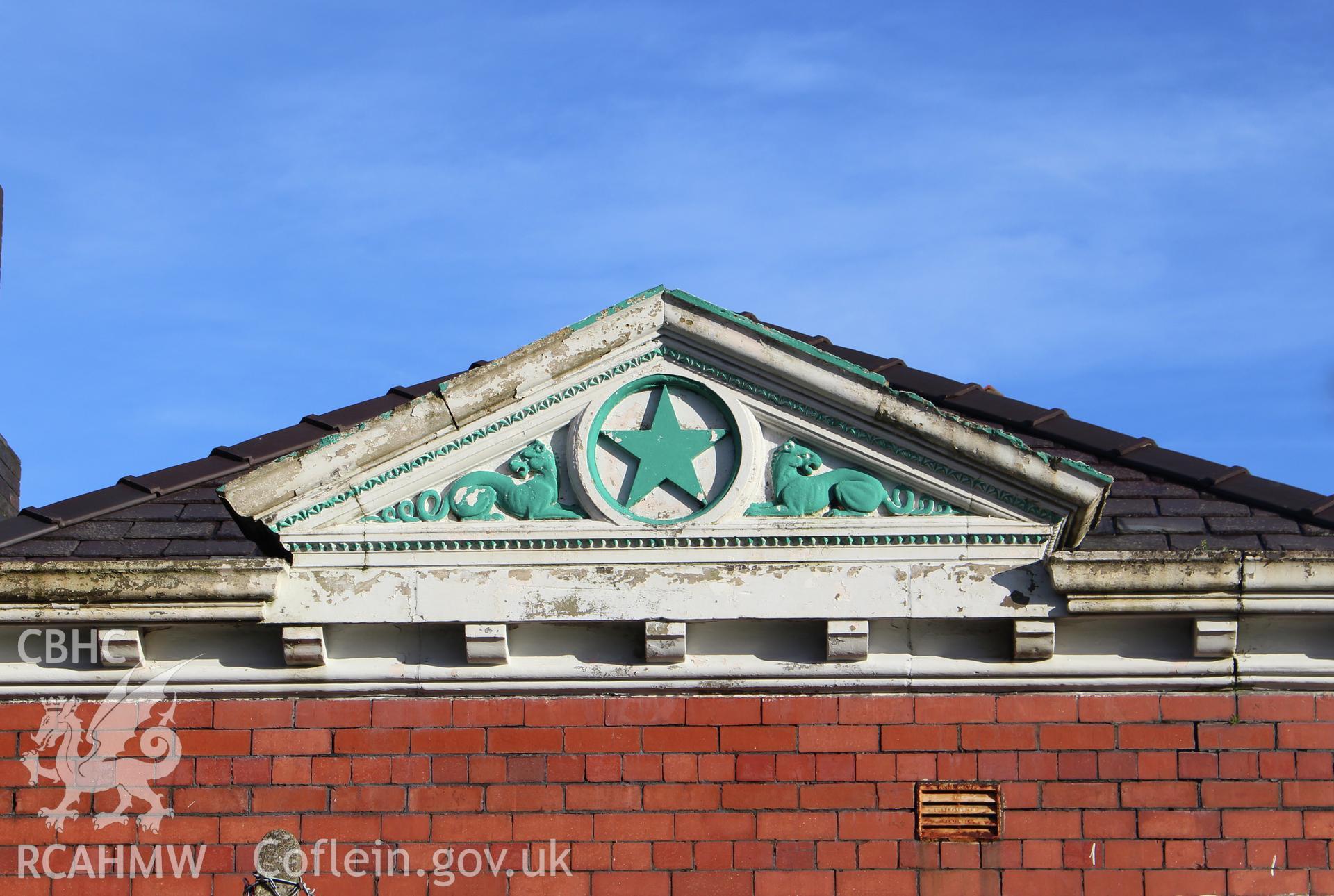 Detailed view of decoration on front elevation of the Railway Institute, Bangor. Photographed during survey conducted by Sue Fielding for the RCAHMW on 4th April 2016.