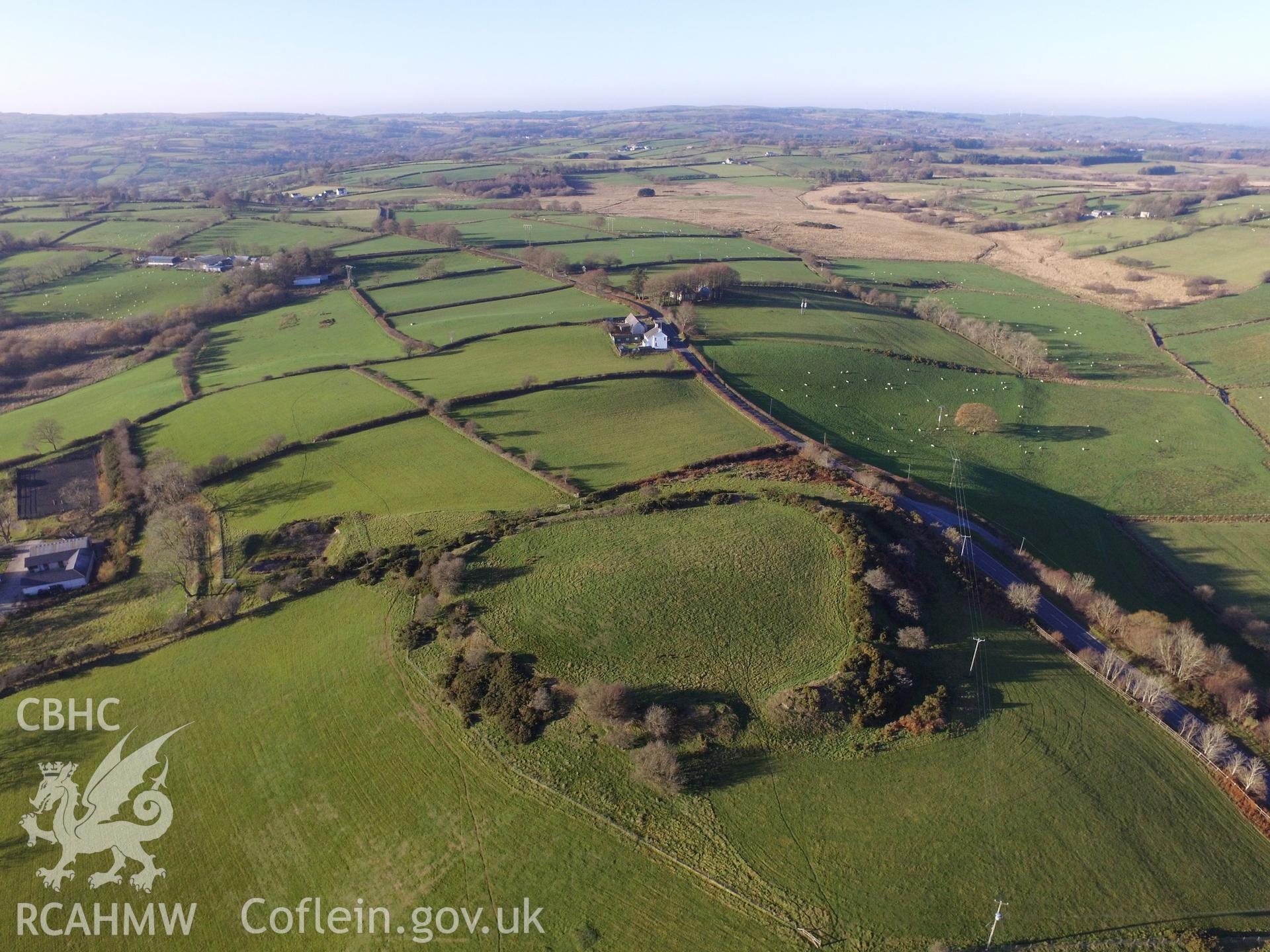 Aerial view from the south east of Castell Flemsih hillfort, Tregaron. Colour photograph taken by Paul R. Davis on 17th November 2018.
