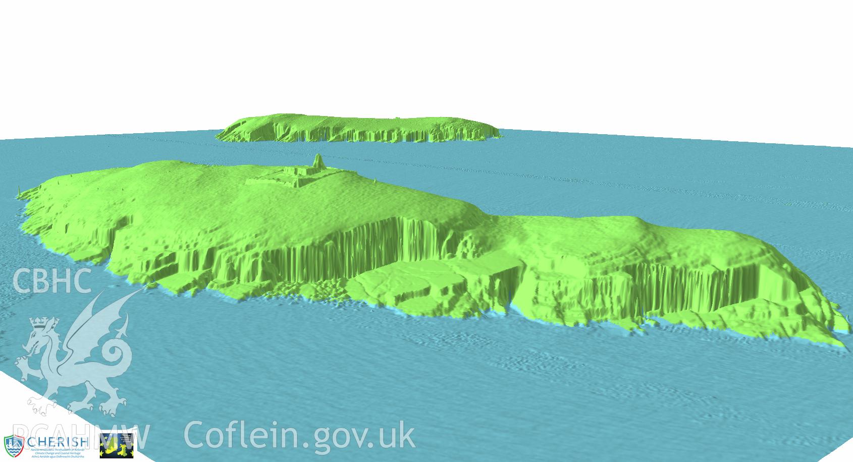 Ynysoedd Tudwal (St. Tudwal?s Islands). Airborne laser scanning (LiDAR) commissioned by the CHERISH Project 2017-2021, flown by Bluesky International LTD at low tide on 24th February 2017. View showing both islands from the west island looking out towards the east.