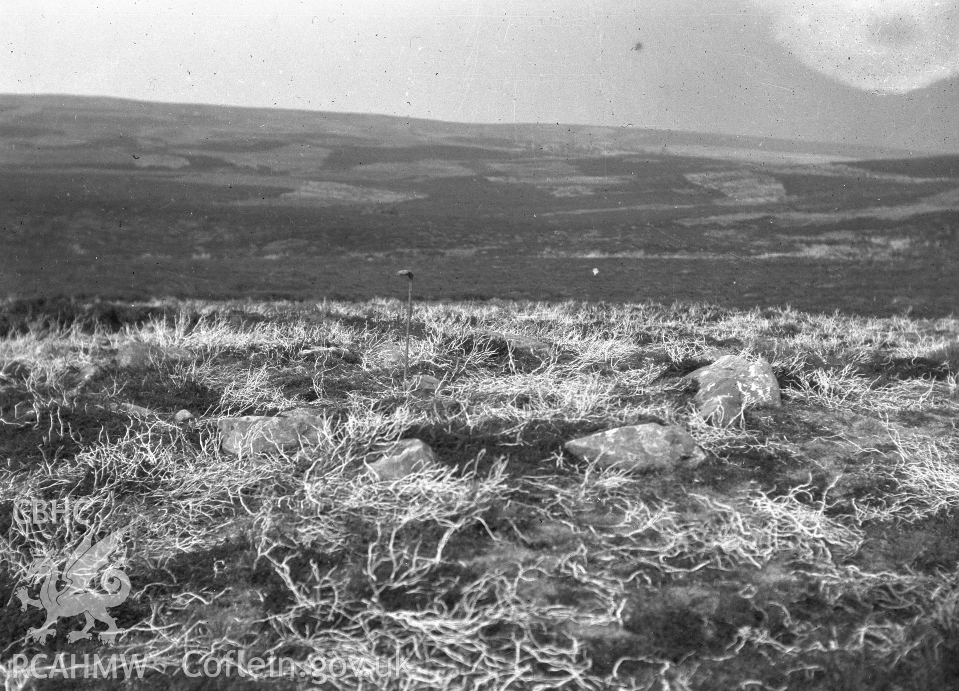 Digital copy of a nitrate negative showing Bryn Beddau round barrows. Back of negative copy dates the photograph to 'July 1930.' From the Cadw Monuments in Care Collection.