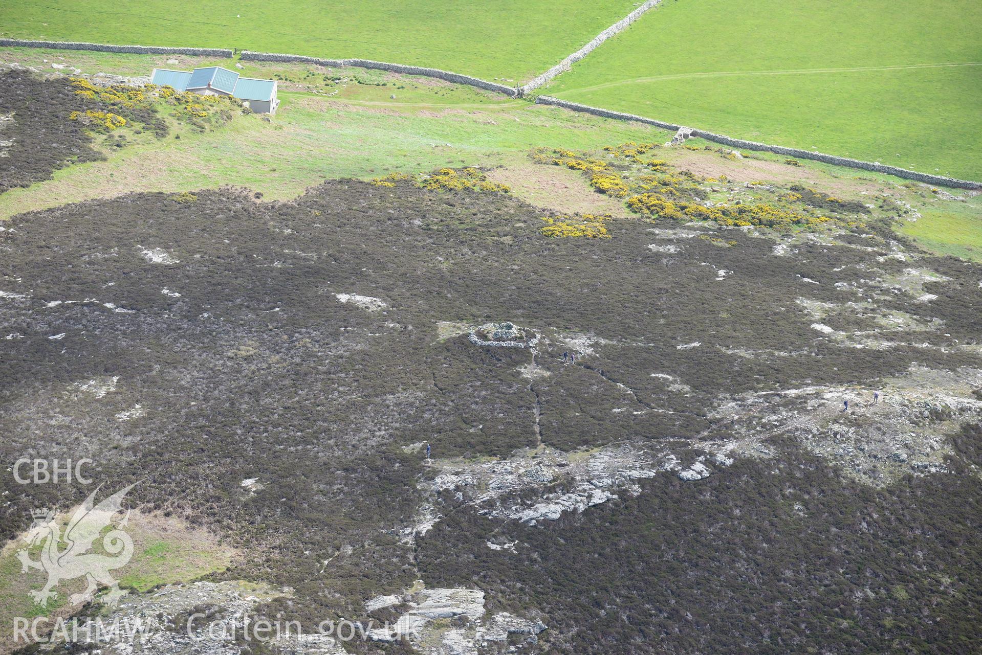 Carn Ysgubor and its relict field walls on Ramsey Island. Oblique aerial photograph taken during the Royal Commission's programme of archaeological aerial reconnaissance by Toby Driver on 13th May 2015.