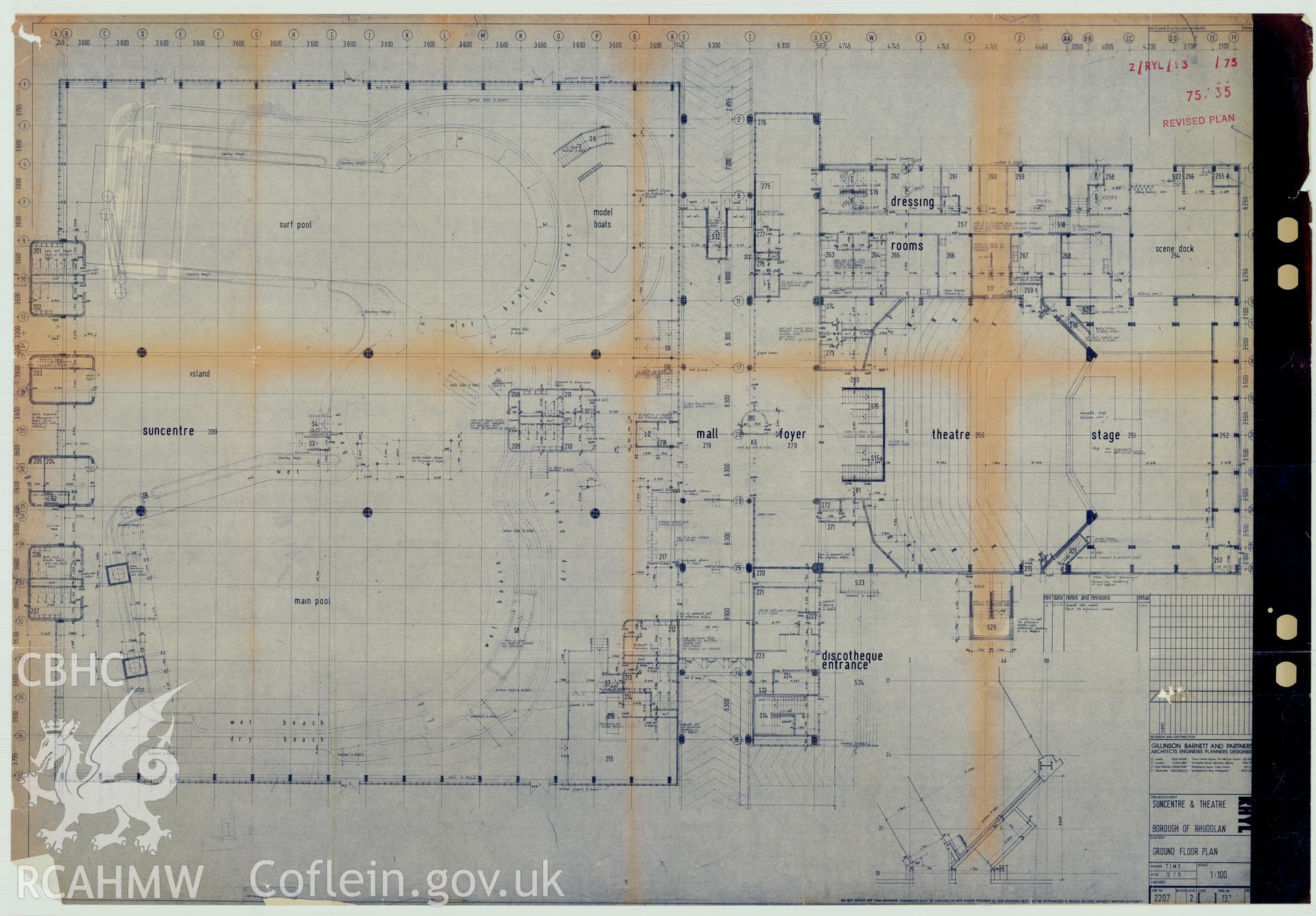 Digital copy of a measured drawing showing ground floor plan of the Sun Centre, Rhyl, produced by Gillinson Barnett and Partners. Loaned for copying by Denbighshire County Council.