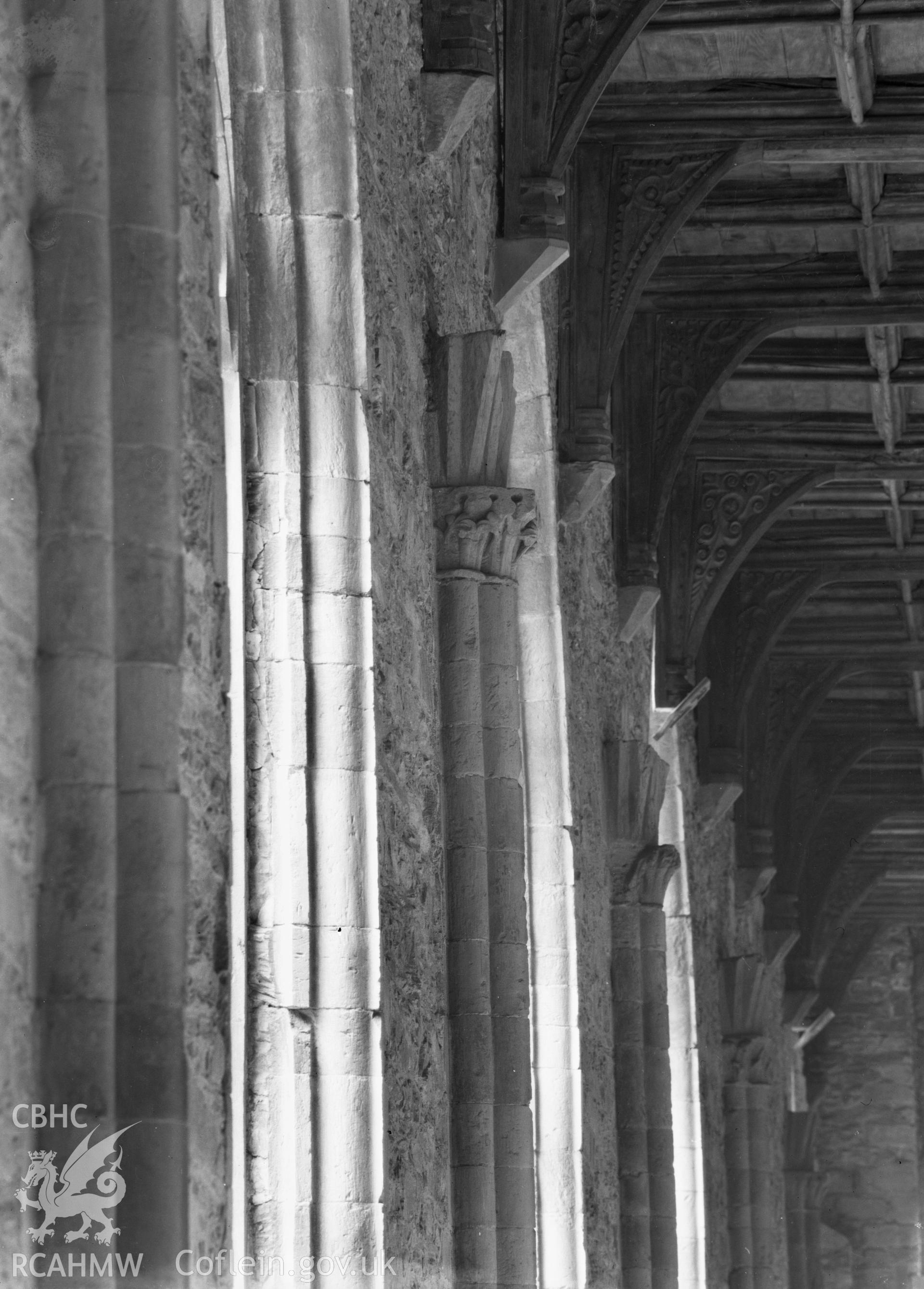 Digital copy of a black and white nitrate negative showing interior view, window columns at St. David's Cathedral, taken by E.W. Lovegrove, July 1936.