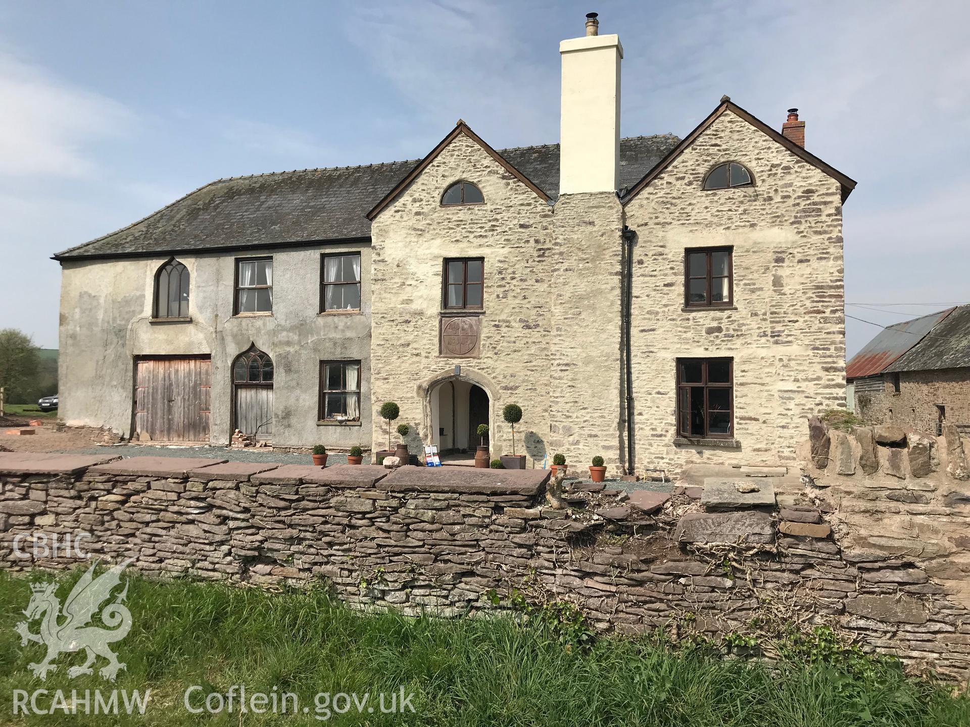Digital colour photograph showing exterior view of the front elevation of College Farmhouse, Trefecca, Talgarth, taken by Paul R. Davis on 22nd April 2019.