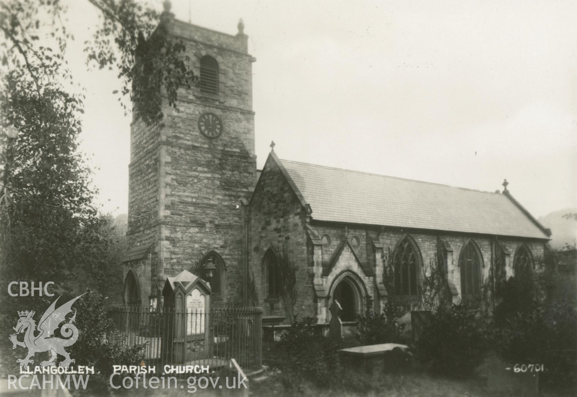 Digital copy of a  black and white postcard showing St Collen's Church, Llangollen.