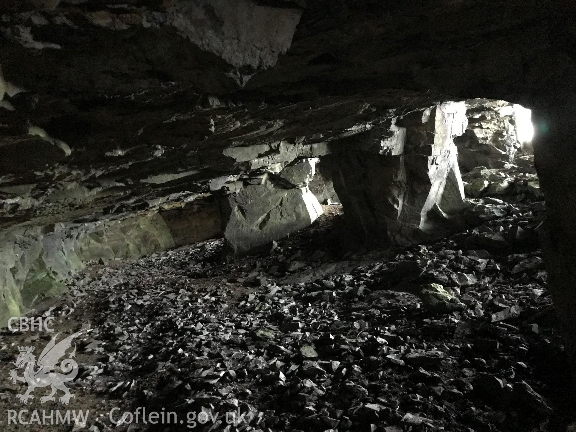 Detailed view showing the interior of Craig y Fron stone quarry, Bala. Colour photograph taken by Paul R. Davis on 2nd January 2019.