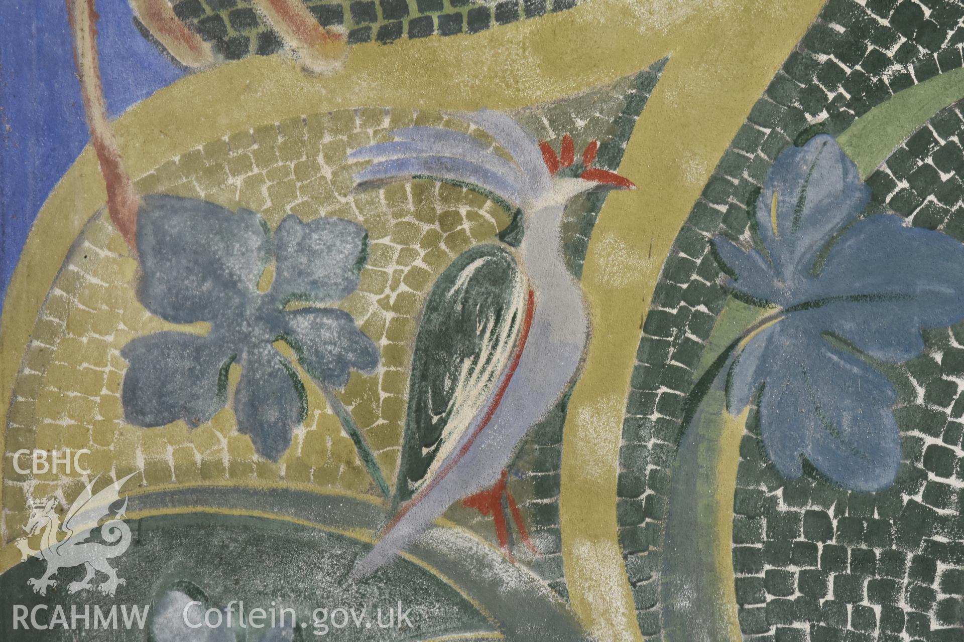 Detailed view of mural behind pulpit at the Catholic Church of the Holy Spirit, Criccieth. Photographed during survey conducted by Sue Fielding for the RCAHMW, 21st January 2019.
