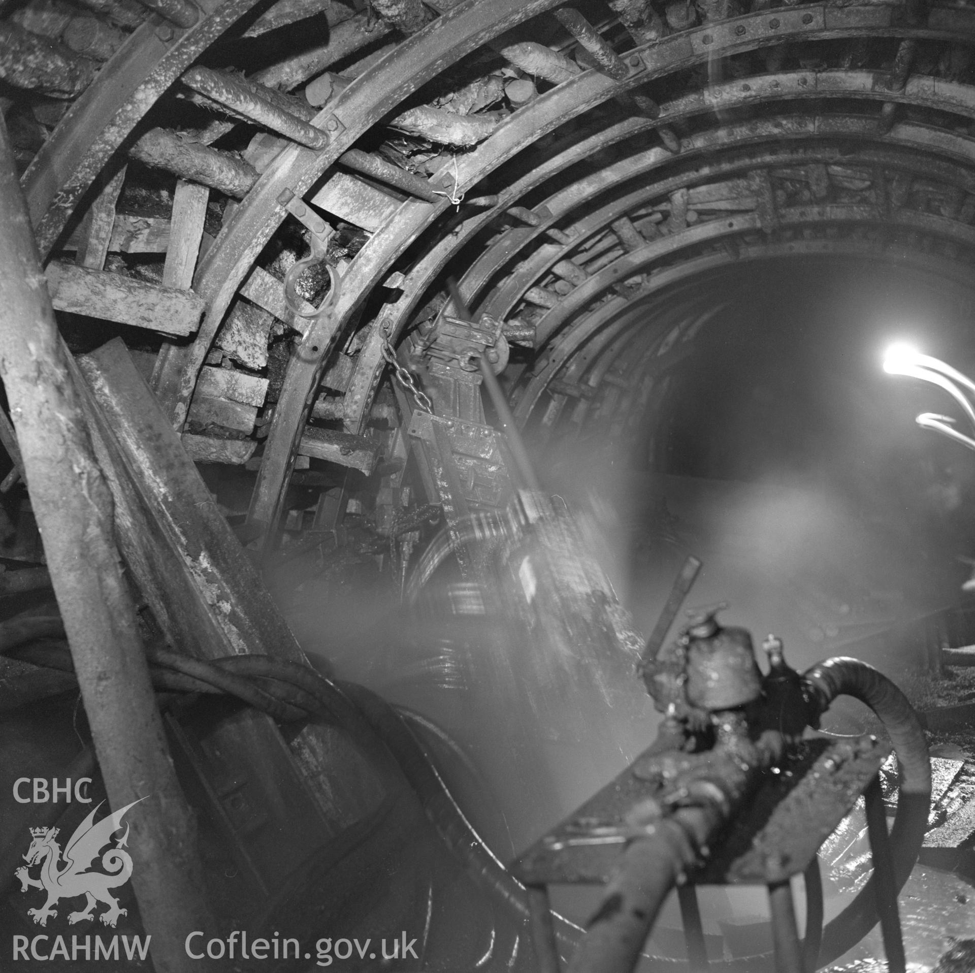 Digital copy of an acetate negative showing drilling for old abandoned workings at Celynen South Colliery,  from the John Cornwell Collection.