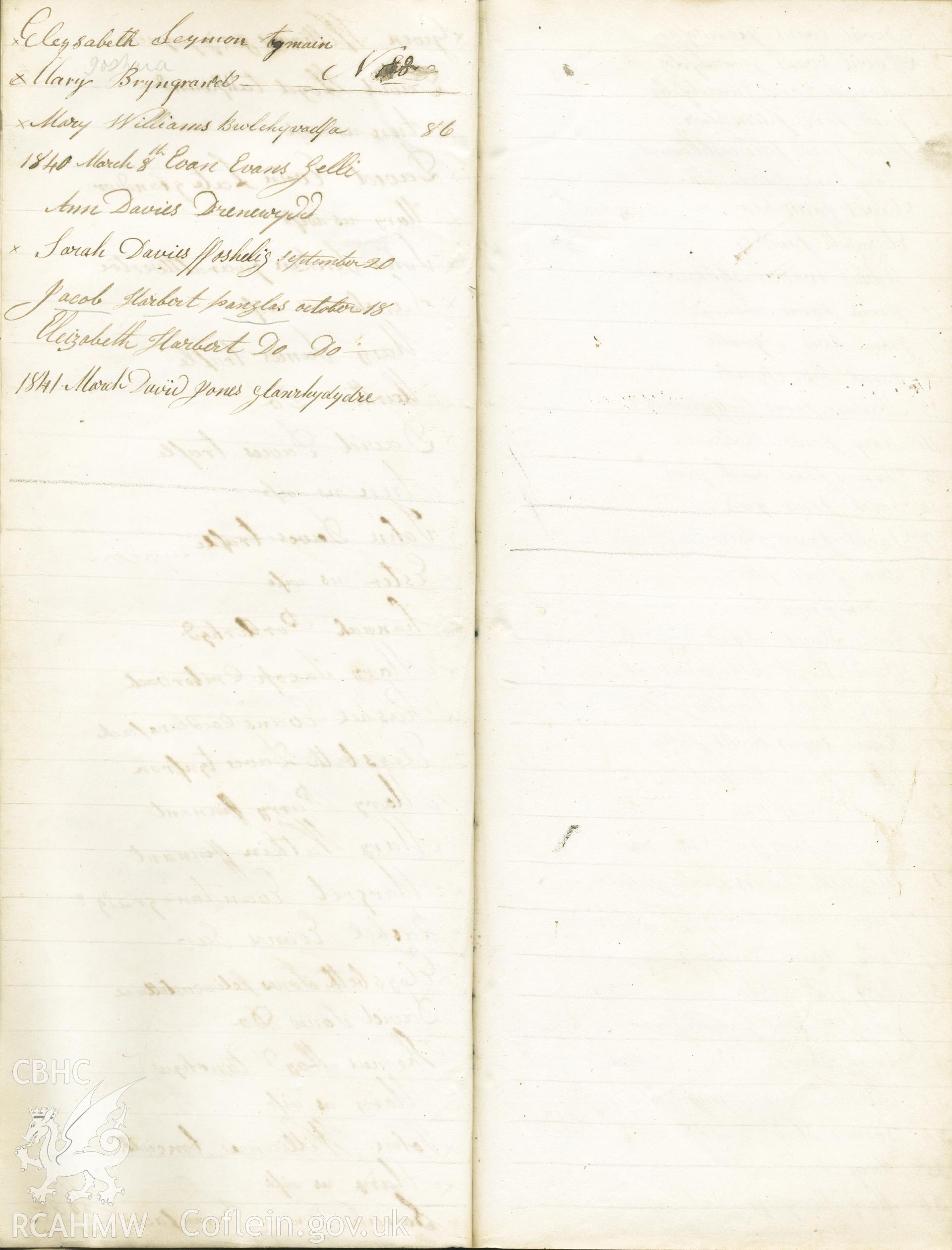 Page from handwritten Subscriber's book for yr Hen Gapel, Rhydowen. Names on this page begin with Elisabeth Beynon tymain and end with 1841 March David Jones Glanrhydydre. Donated to the RCAHMW as part of the Digital Dissent Project.