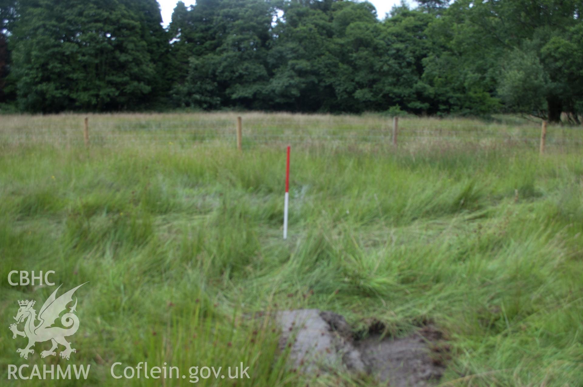 Digital photograph showing view from west of launch pit 2's general location. Photographed during Gwynedd Archaeological Trust's archaeological watching brief of water main renewal in Dolgellau on 28th July 2017. Project no. G2528.