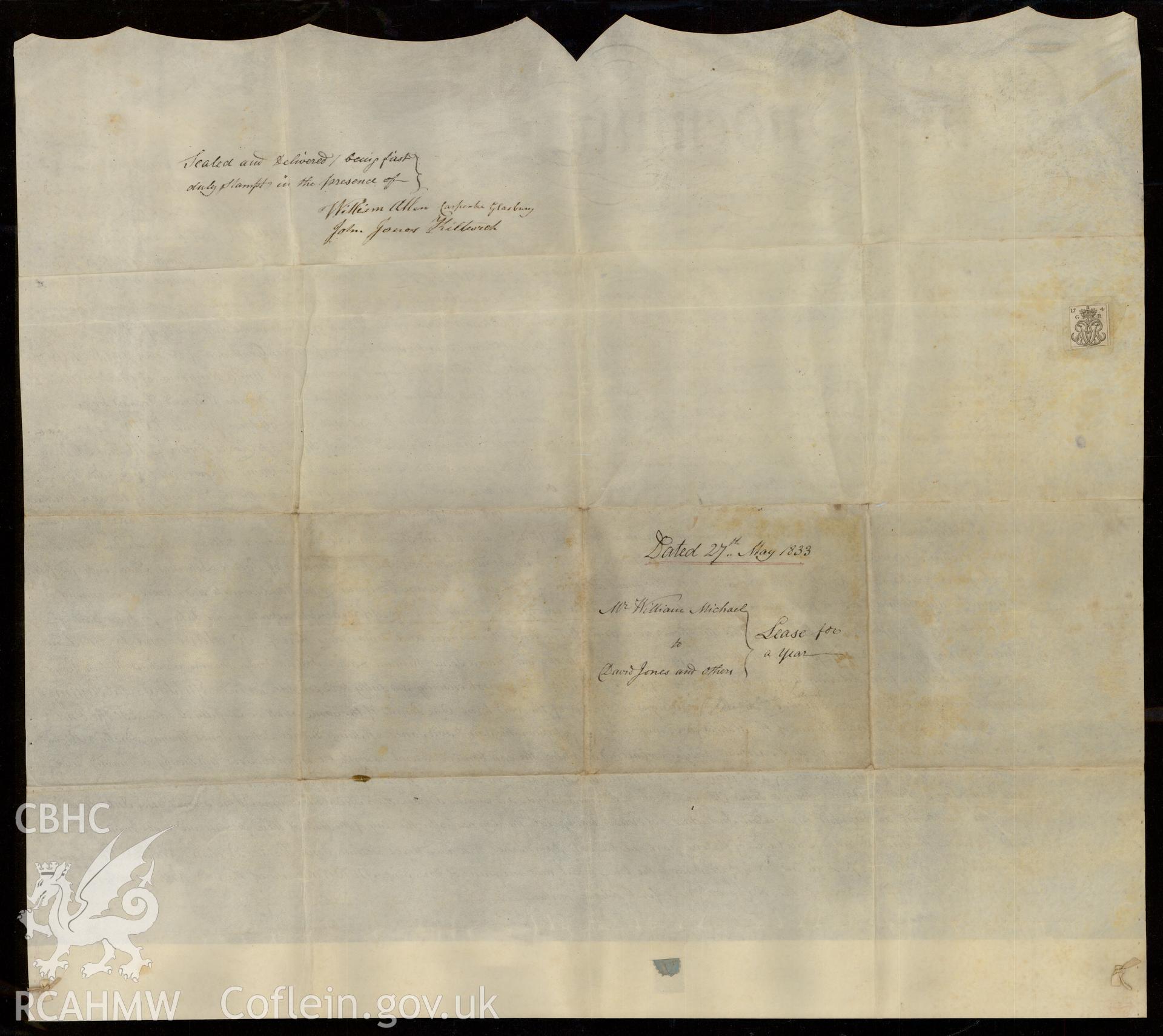 Indenture scrolls of Maes-yr-onen Chapel, loaned for copying by the United Reform Church. Scroll dated 27 May 1833. Reverse view of scroll