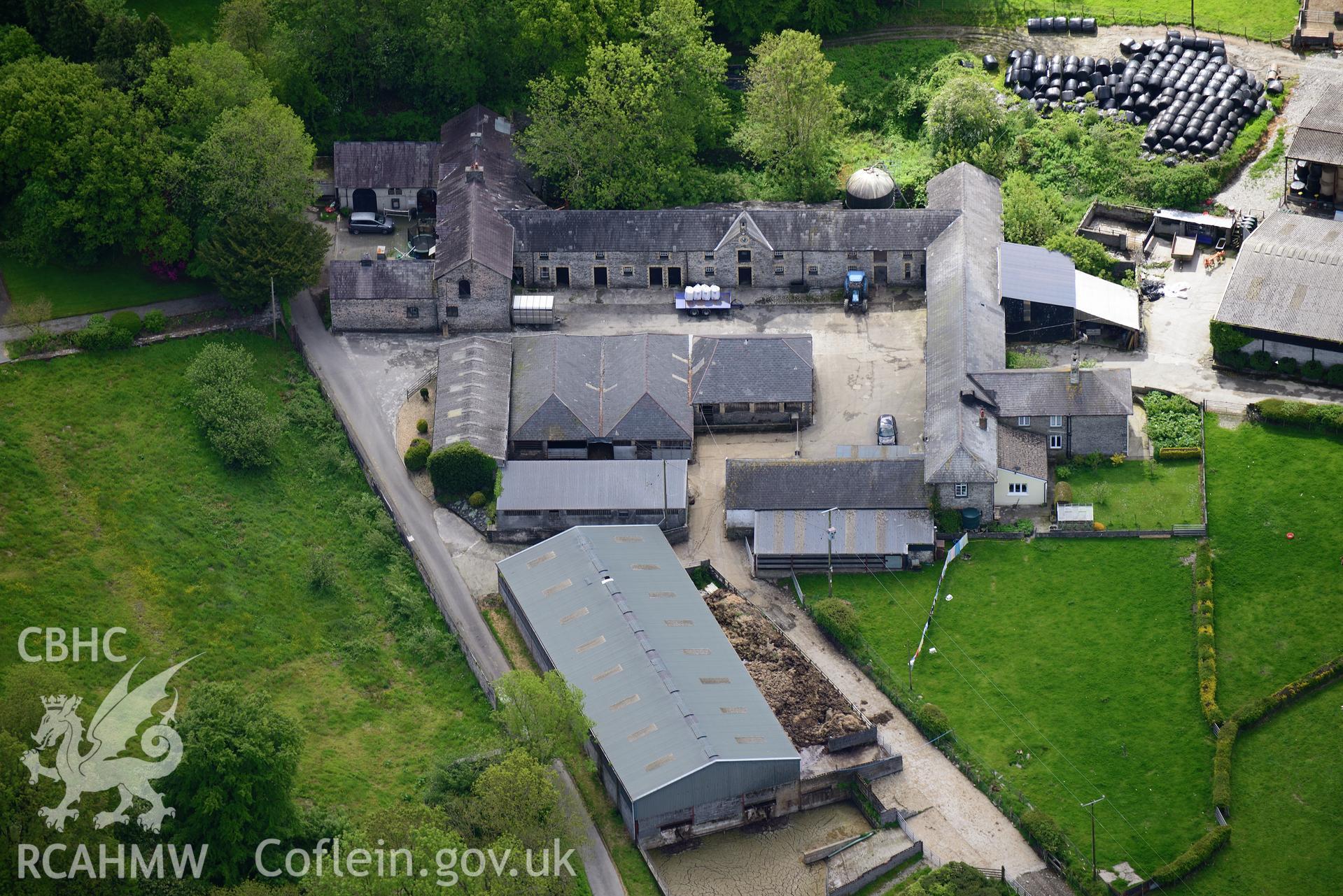 Falcondale Home Farm and Coach House, Lampeter. Oblique aerial photograph taken during the Royal Commission's programme of archaeological aerial reconnaissance by Toby Driver on 3rd June 2015.