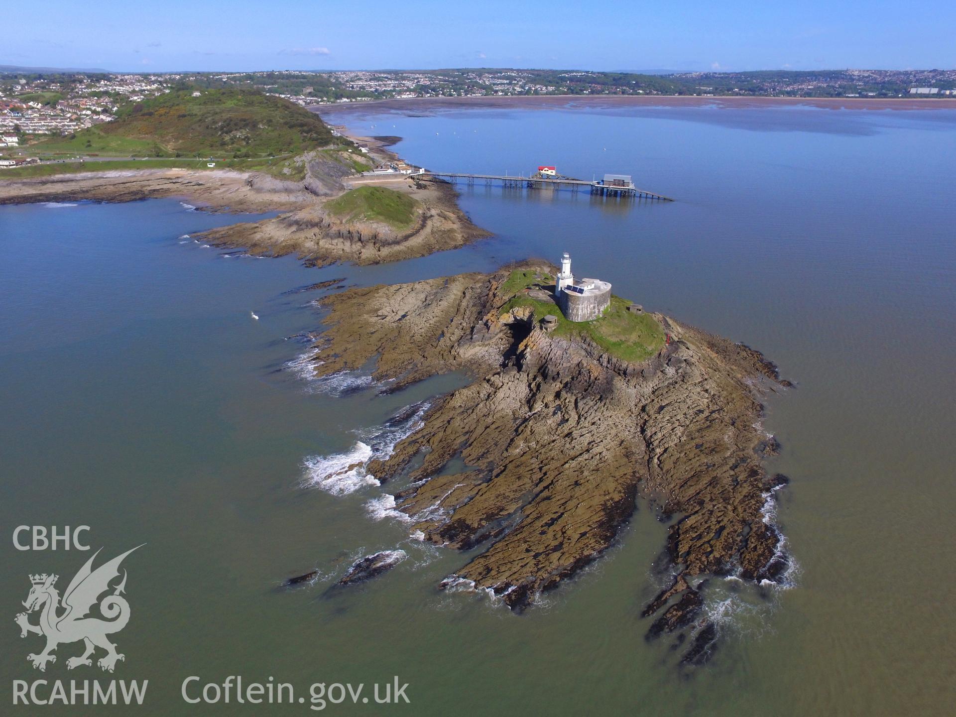Colour photo showing aerial view of the lighthouse and pier at Mumbles, taken by Paul R. Davis, 13th May 2018.
