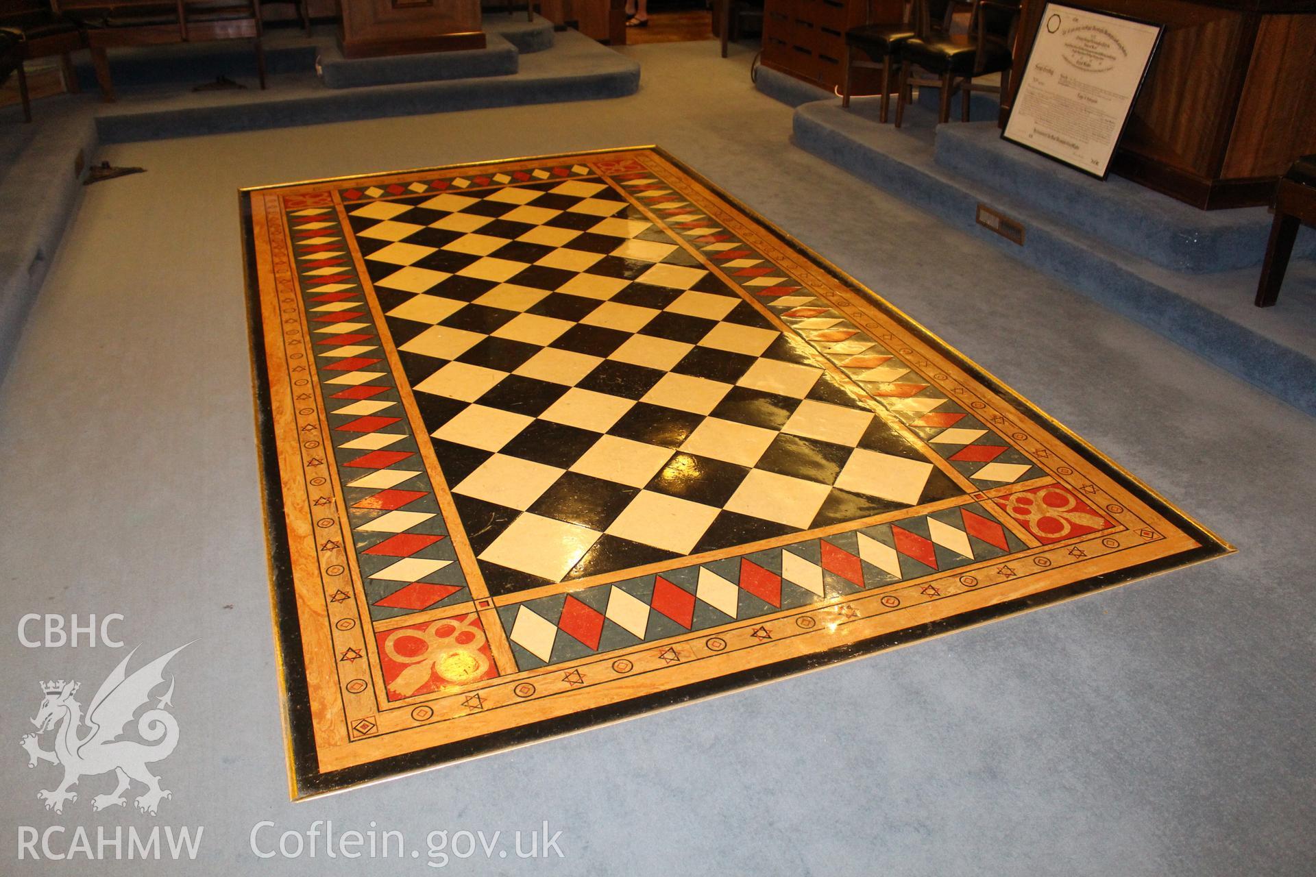 Detailed view of decorative floor at former United Free Methodist Church, now a Masonic Temple, in Cardiff. Photograph taken during survey conducted by Sue Fielding of the RCAHMW, 11th March 2019.