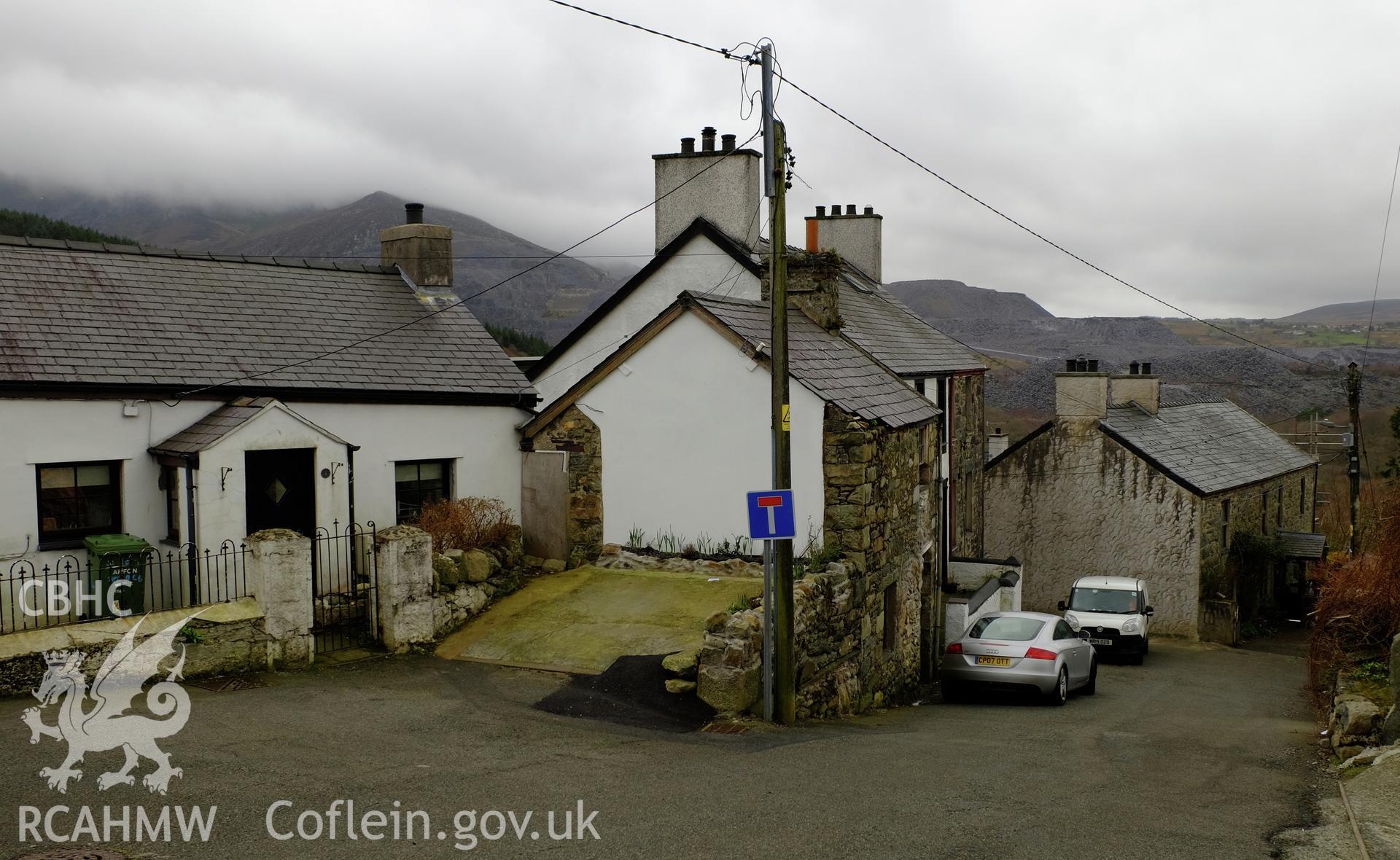 Colour photograph showing view looking south at Old Gerlan Farm and Rhes Gerlan, Gerlan, Bethesda, produced by Richard Hayman 16th February 2017