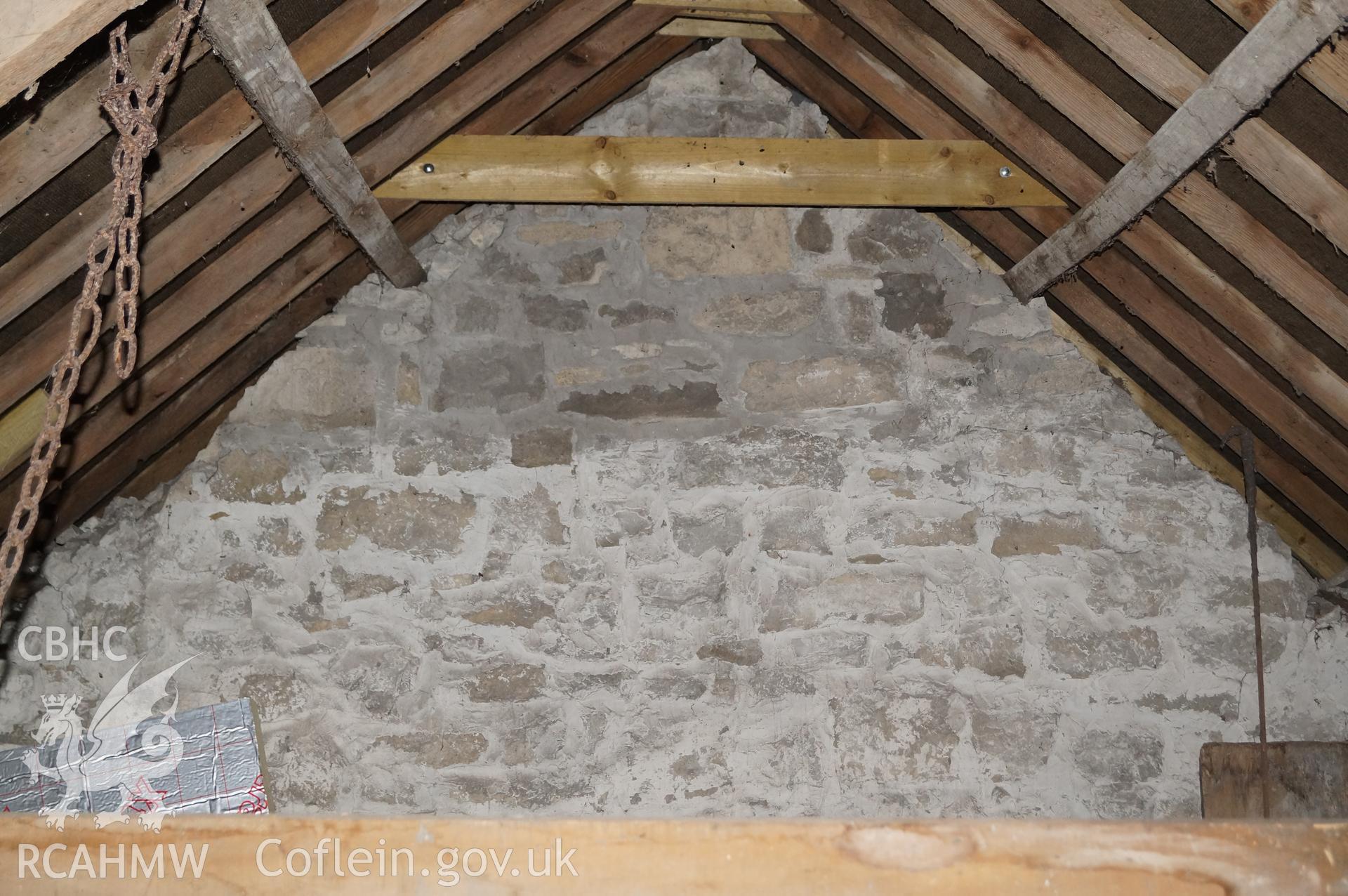 'Internal view looking west southwest at the western gable of barn' at Rowley Court, Llantwit Major. Photograph & description by Jenny Hall & Paul Sambrook of Trysor, 25th May 2017.