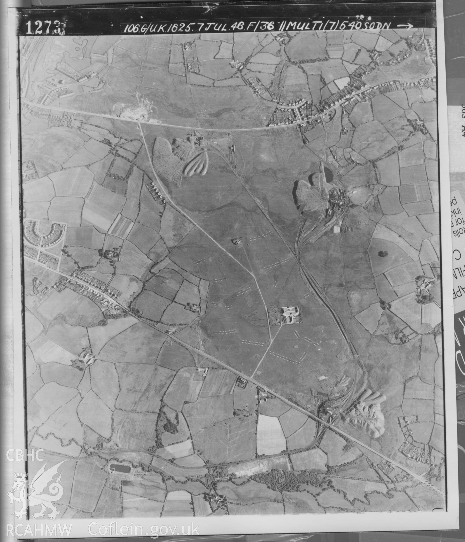 Black and white aerial photograph taken on 7th July 1946. Frame 1273. Part of material used in a Setting Impact Assessment of Land off Phoenix Way, Garngoch Business Village, Swansea, carried out by Archaeology Wales, 2018. Project number P2631.