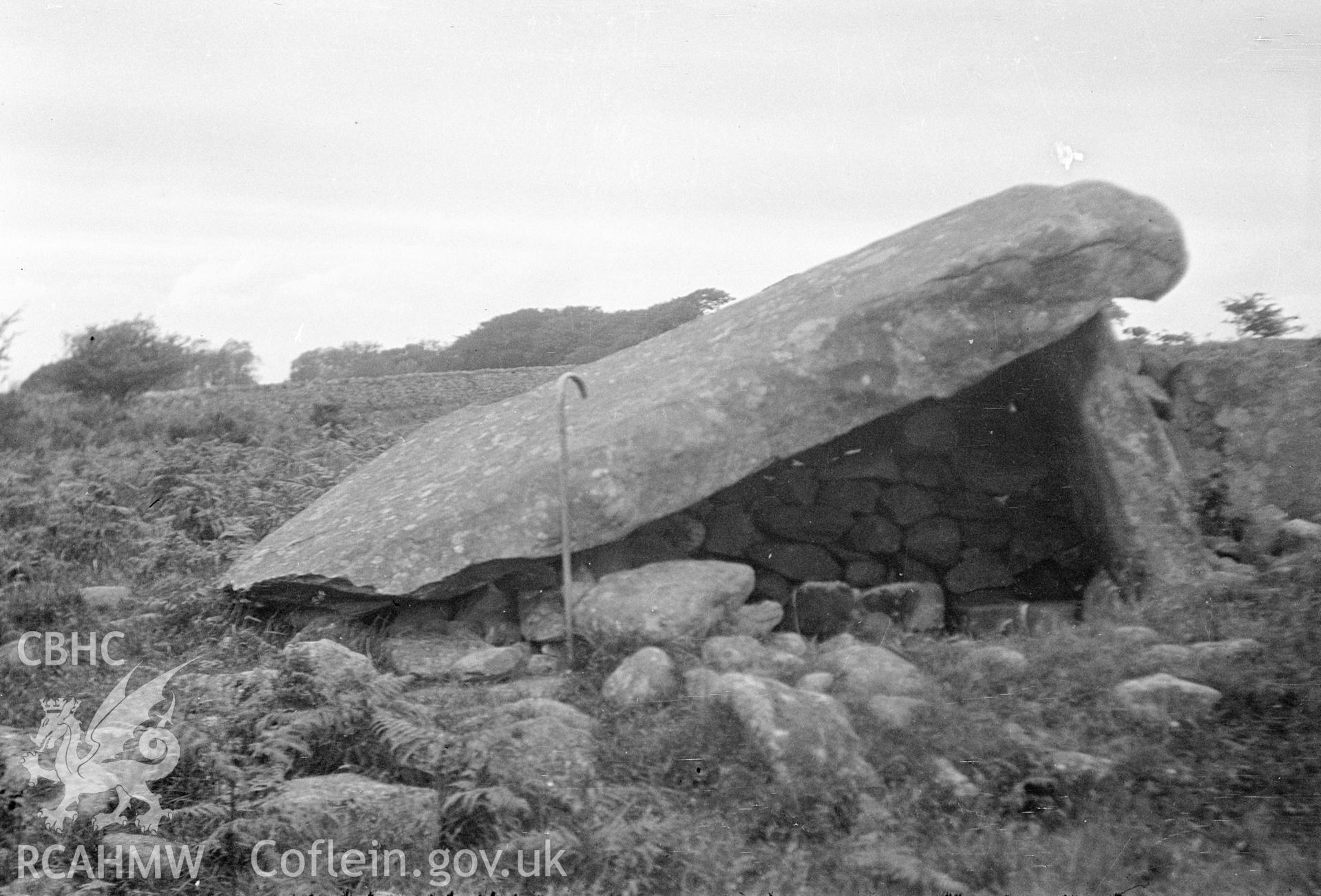 Digital copy of a nitrate negative showing Cors y Gedol Burial Chamber. From Cadw Monuments in Care Collection.
