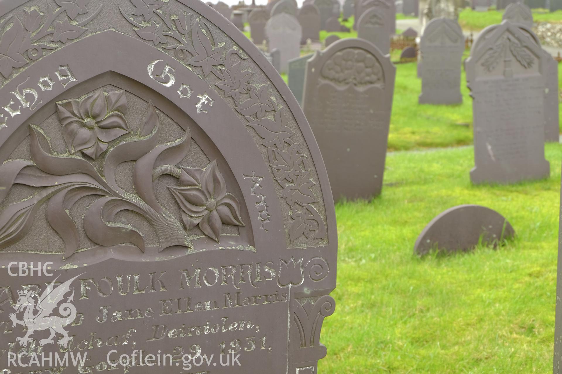Colour photograph showing detail of slate headstone in Macpela Cemetery, Deiniolen, produced by Richard Hayman 7th March 2017