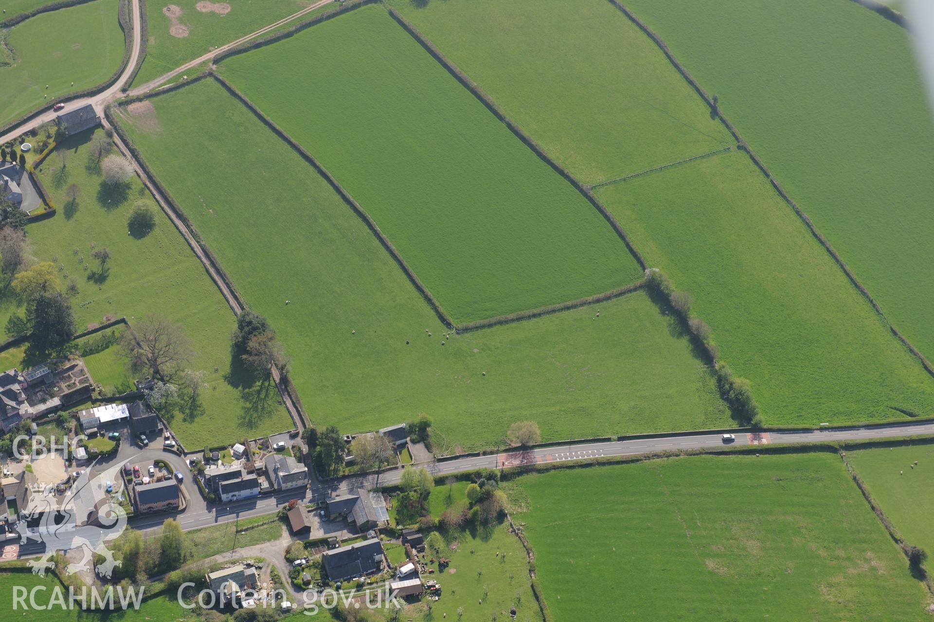 Earthworks just to the north-west of Tretower. Oblique aerial photograph taken during the Royal Commission's programme of archaeological aerial reconnaissance by Toby Driver on 21st April 2015