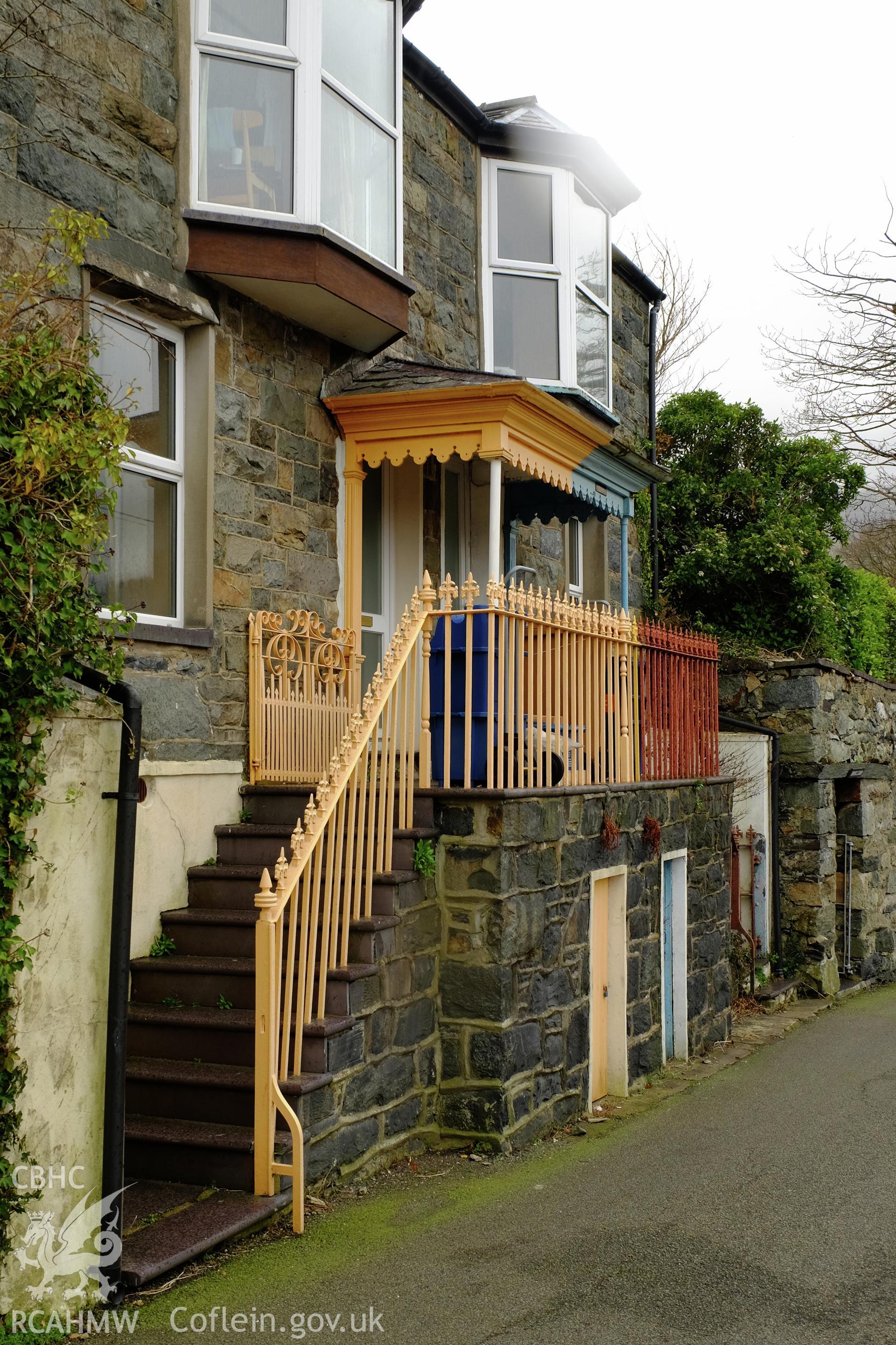 Colour photograph showing entrance steps and railings at Pennant and Bodlondeb, Ffordd Abercaseg, Bethesda, produced by Richard Hayman 16th February 2017