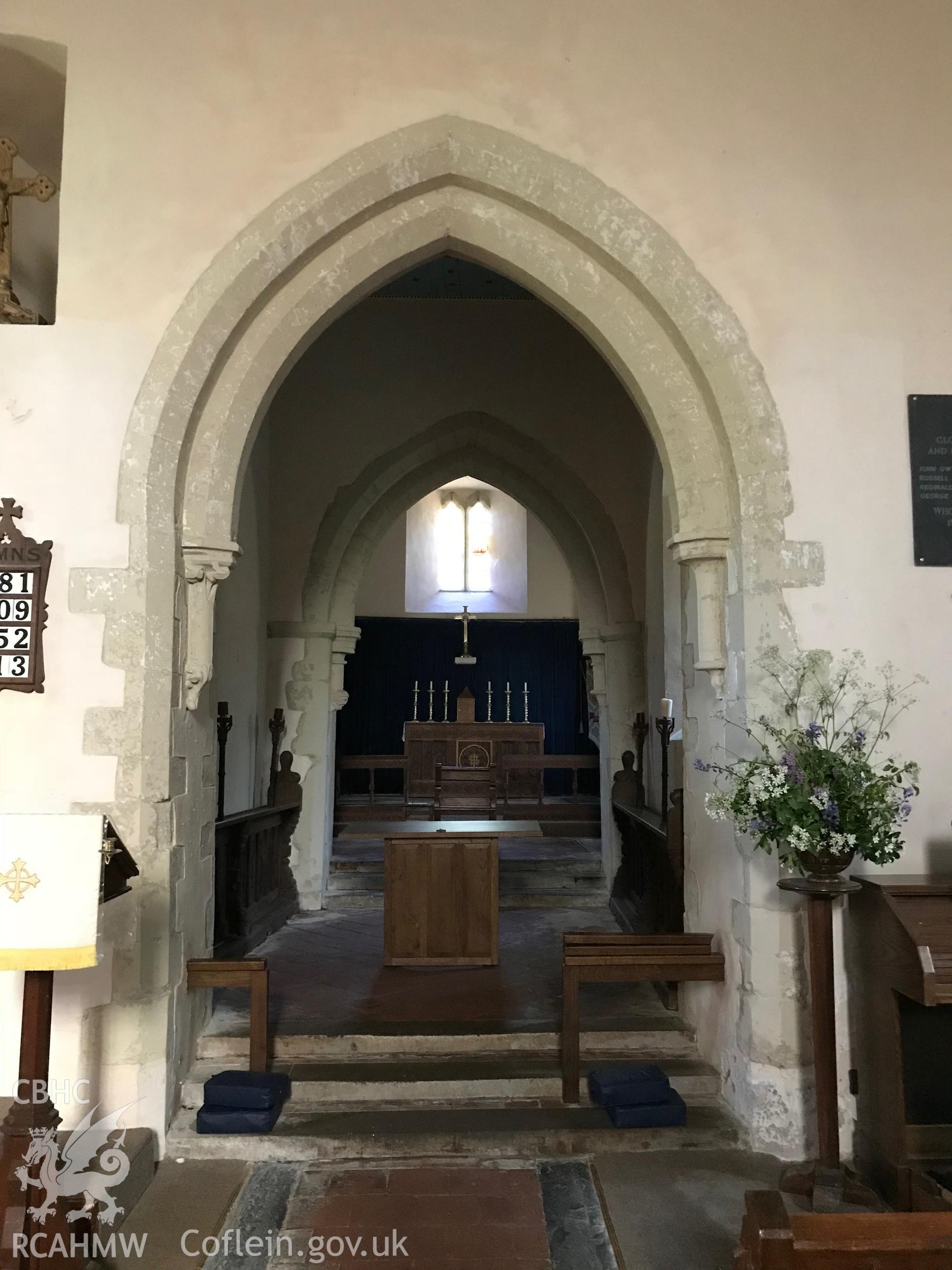 Colour photo showing the interior of St. Cadog's Church, Cheriton, taken by Paul R. Davis, 19th May 2018.