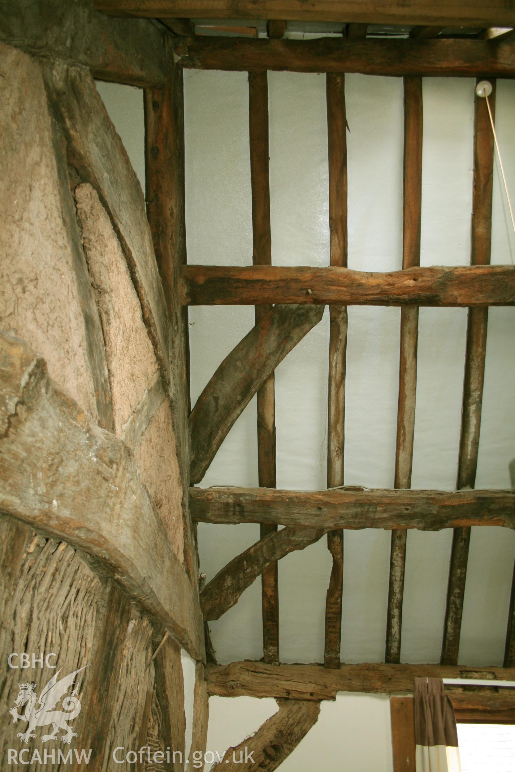 Colour photograph showing view of wooden ceiling beams at 27 and 31 Vale Street, Denbigh. Photographed during survey conducted by Geoff Ward on 27th March 2008.