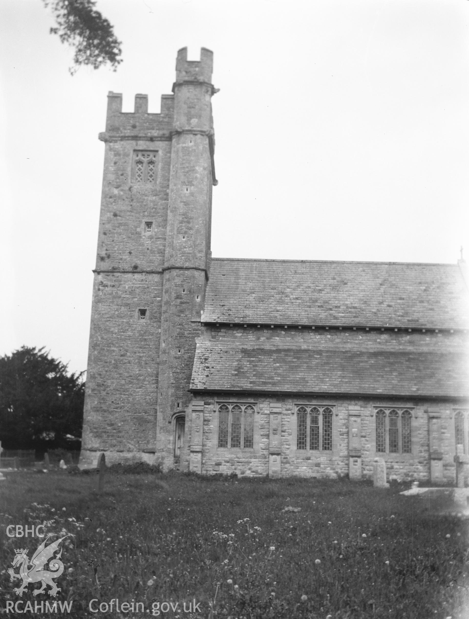 Digital copy of a nitrate negative showing exterior view of tower of St Stephen's Church, Caerwent. From the National Building Record Postcard Collection.