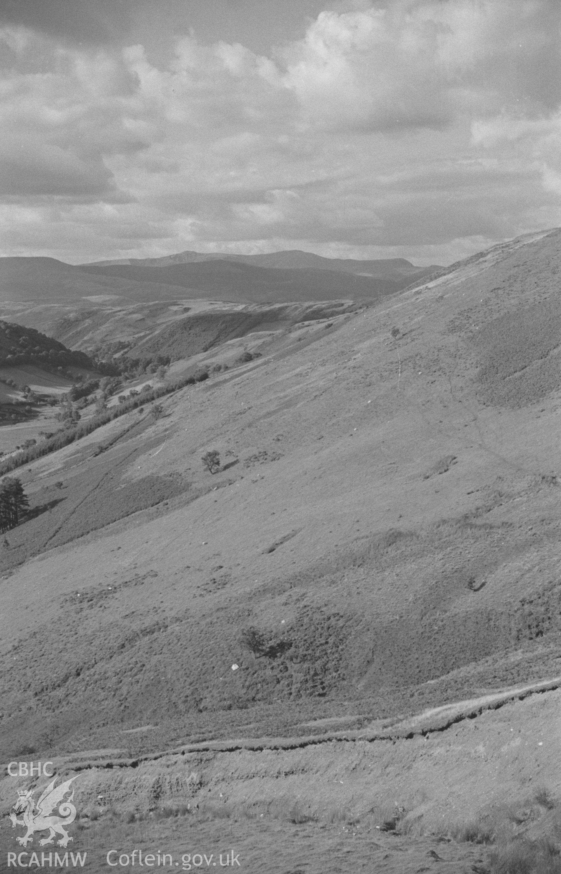 Digital copy of a black and white negative showing view down Cwm Rheidol from the old track on Llechwydd Melyn. Photographed by Arthur O. Chater in September 1965 looking north west from Grid Reference SN 7584 9448. (Panorama, 2 of 4 photographs).