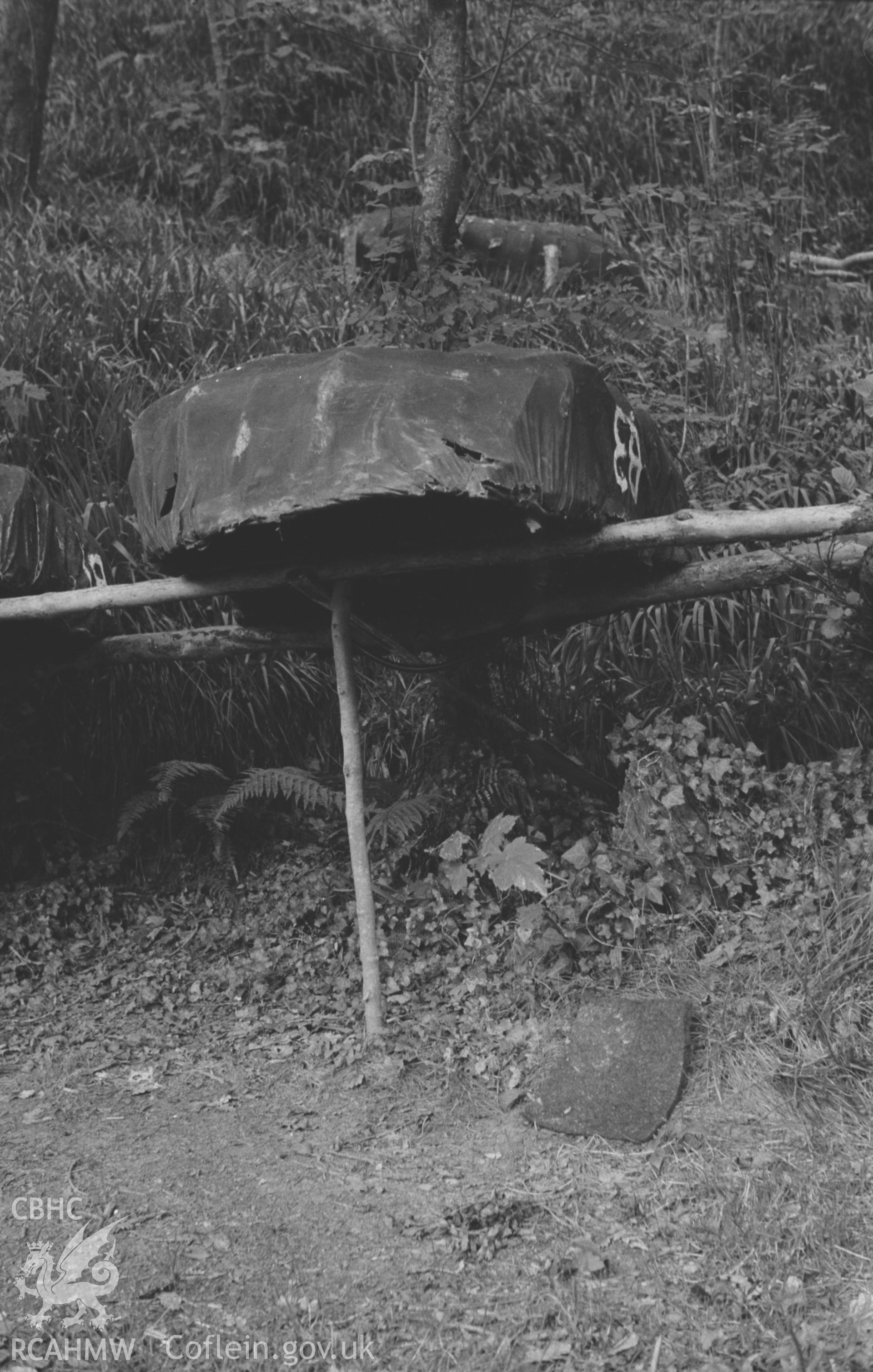 Digital copy of a black and white negative showing coracles on the east bank of the Teifi at Cwm Du, 1.5km north of Cilgerran. Photographed by Arthur O. Chater in September 1964 from Grid Reference SN 1943 4447.