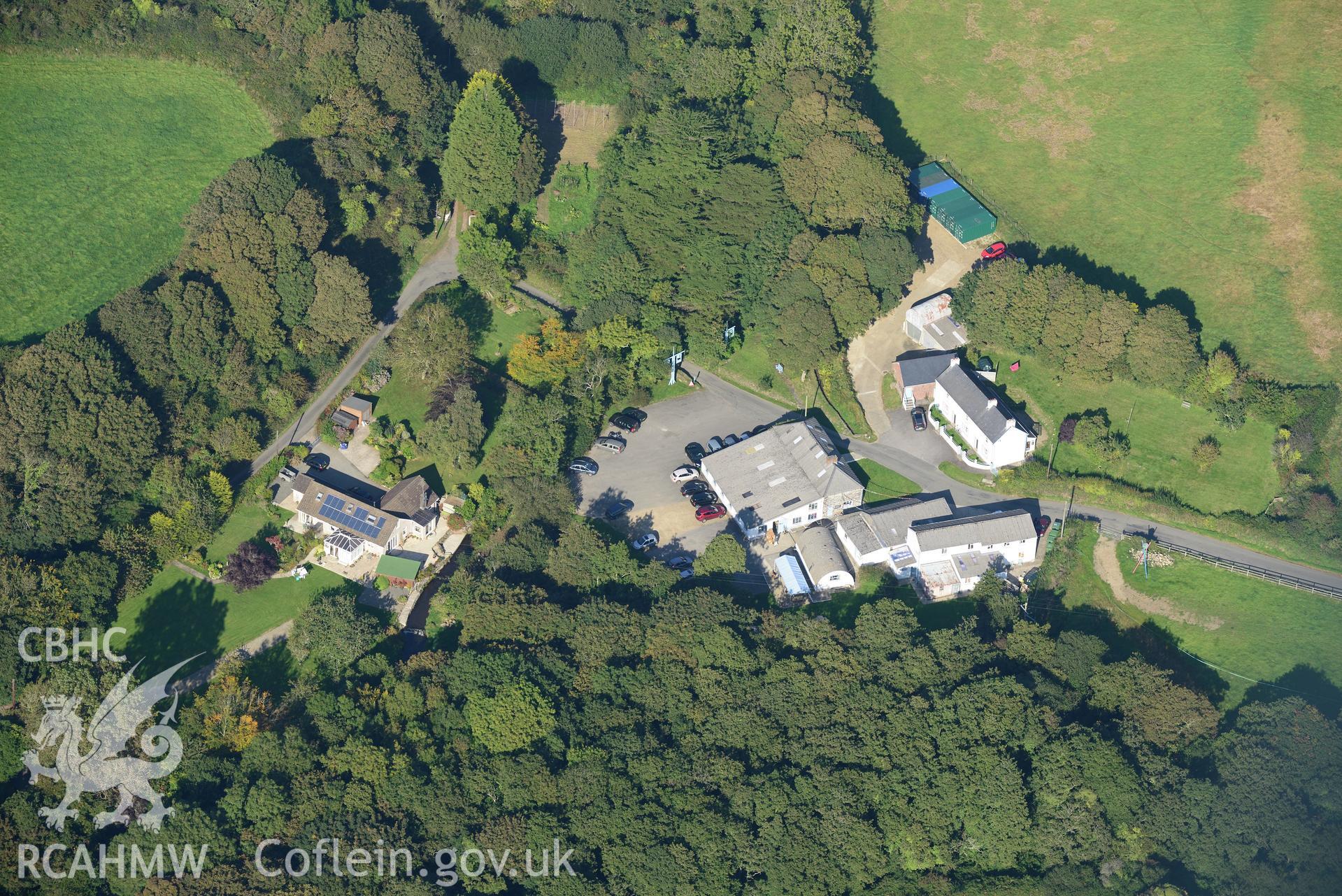 Melin Tregwynt woollen mill near Tremarchog, south west of Fishguard. Oblique aerial photograph taken during the Royal Commission?s programme of archaeological aerial reconnaissance by Toby Driver on 30th September 2015.
