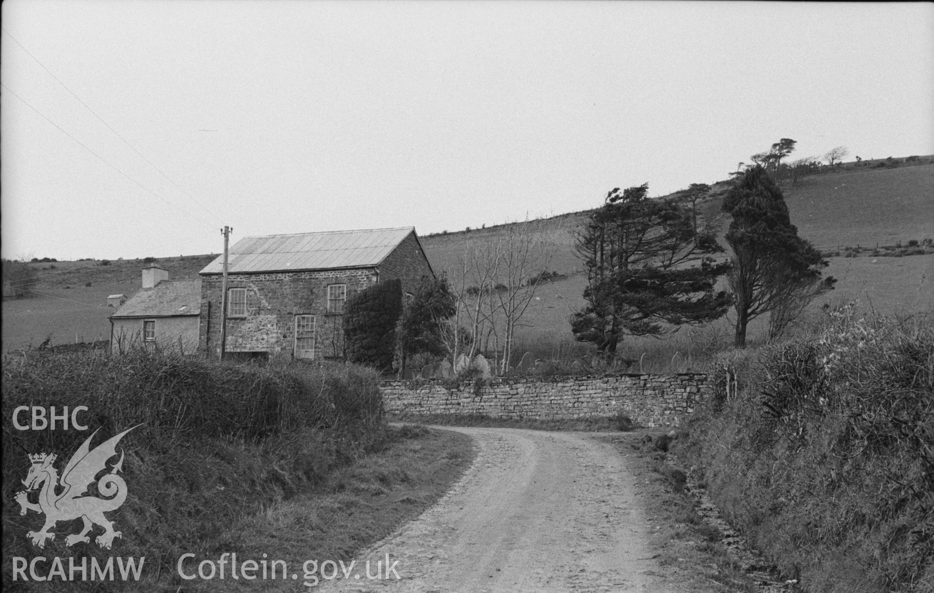 Digital copy of a black and white negative showing Ty'r Abby Independent Chapel, Llangorwen, Tirymynach. Photographed in April 1963 by Arthur O. Chater from Grid Reference SN 6054 8433, looking north west.